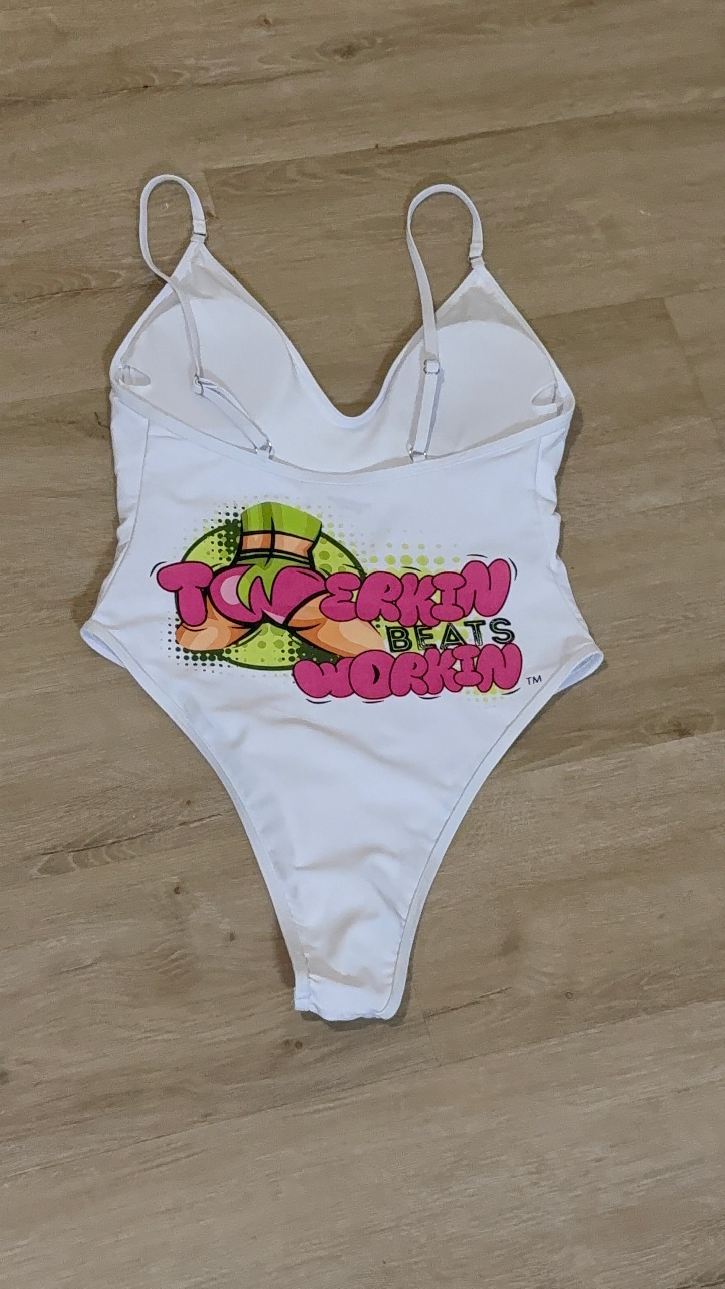 Pink and green Twerkin’ Beats Workin’Booty designed one piece