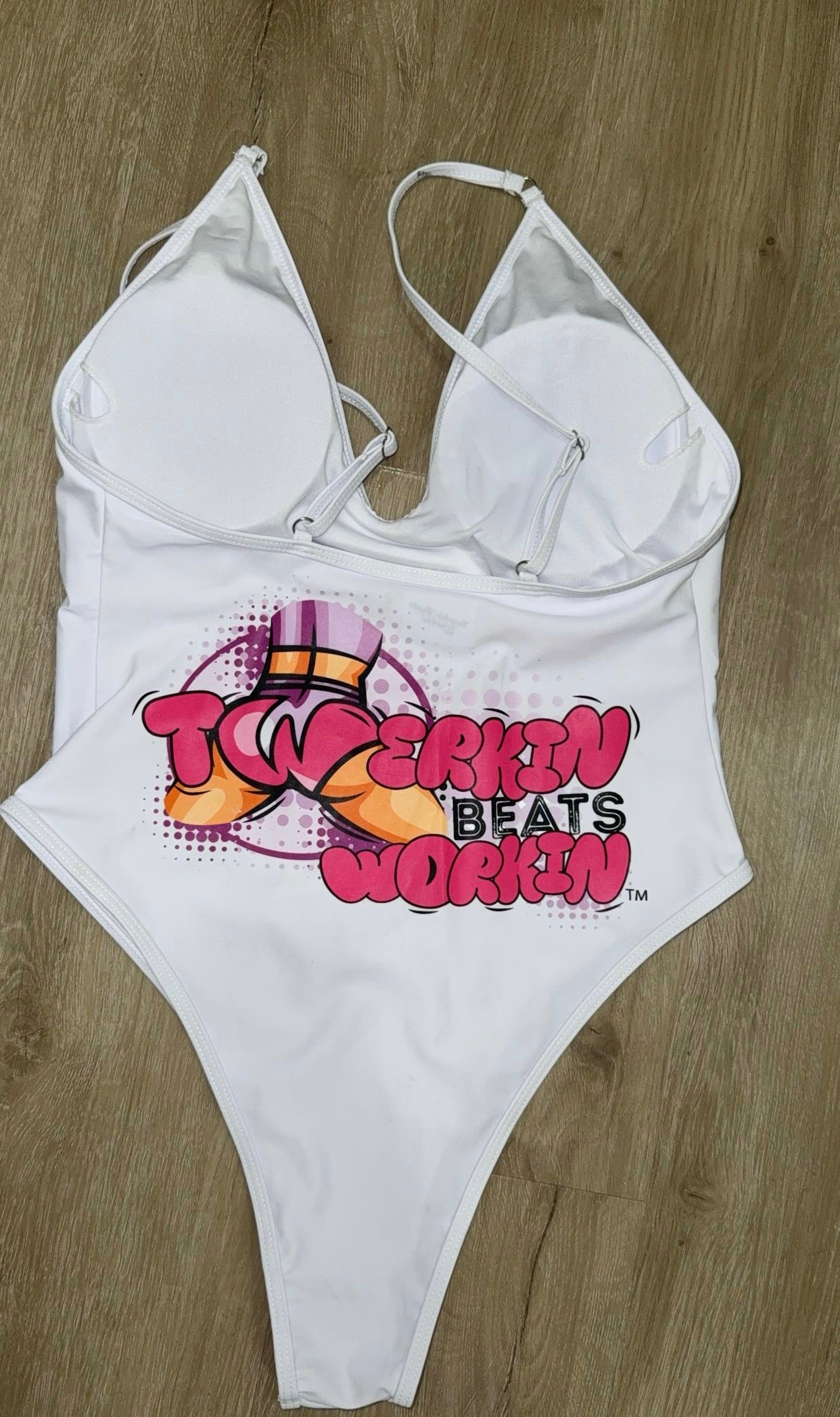 Pink and purple Twerkin’ Beats Workin’ booty designed one piece