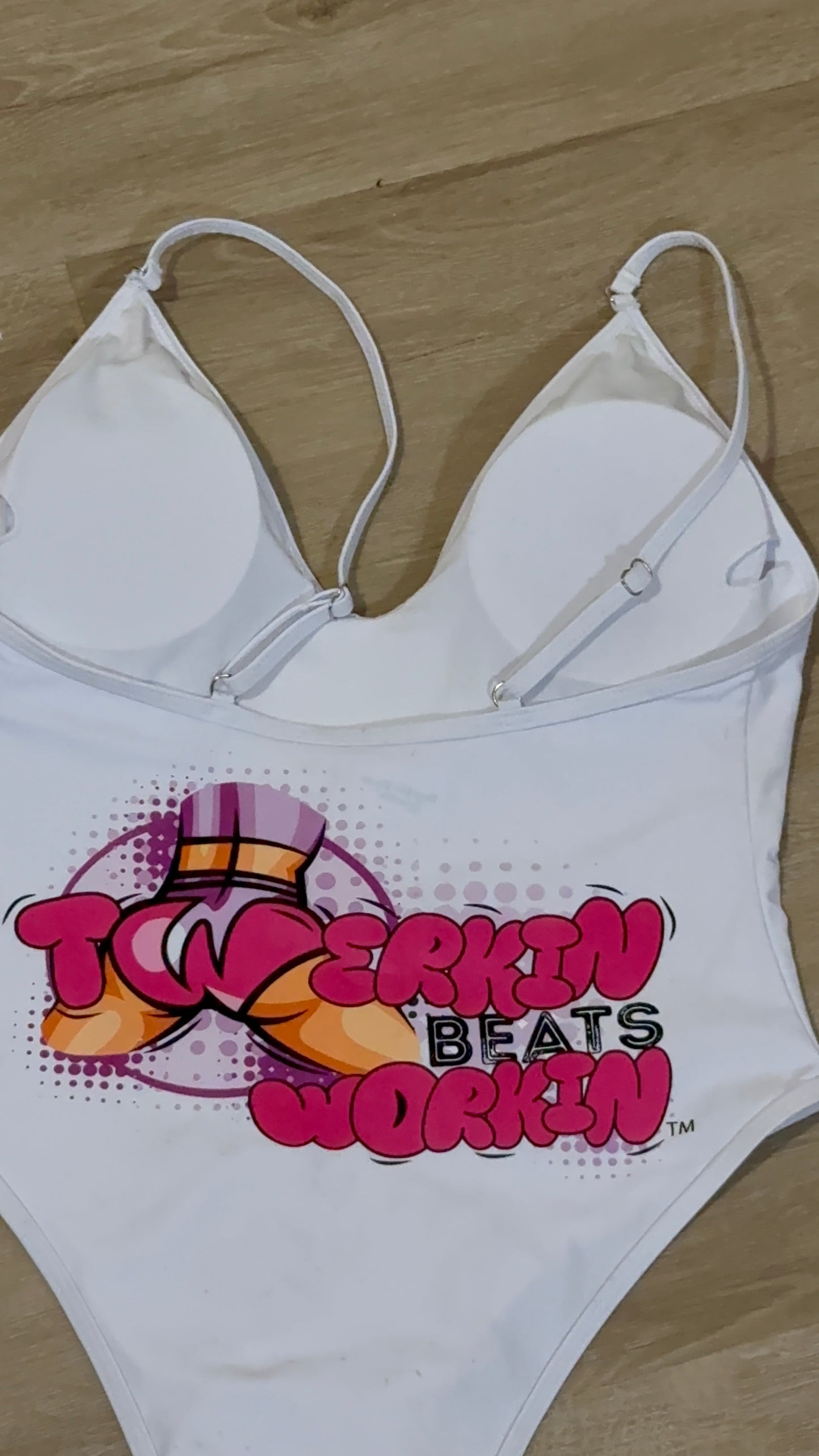 Pink and purple Twerkin’ Beats Workin’ booty designed one piece