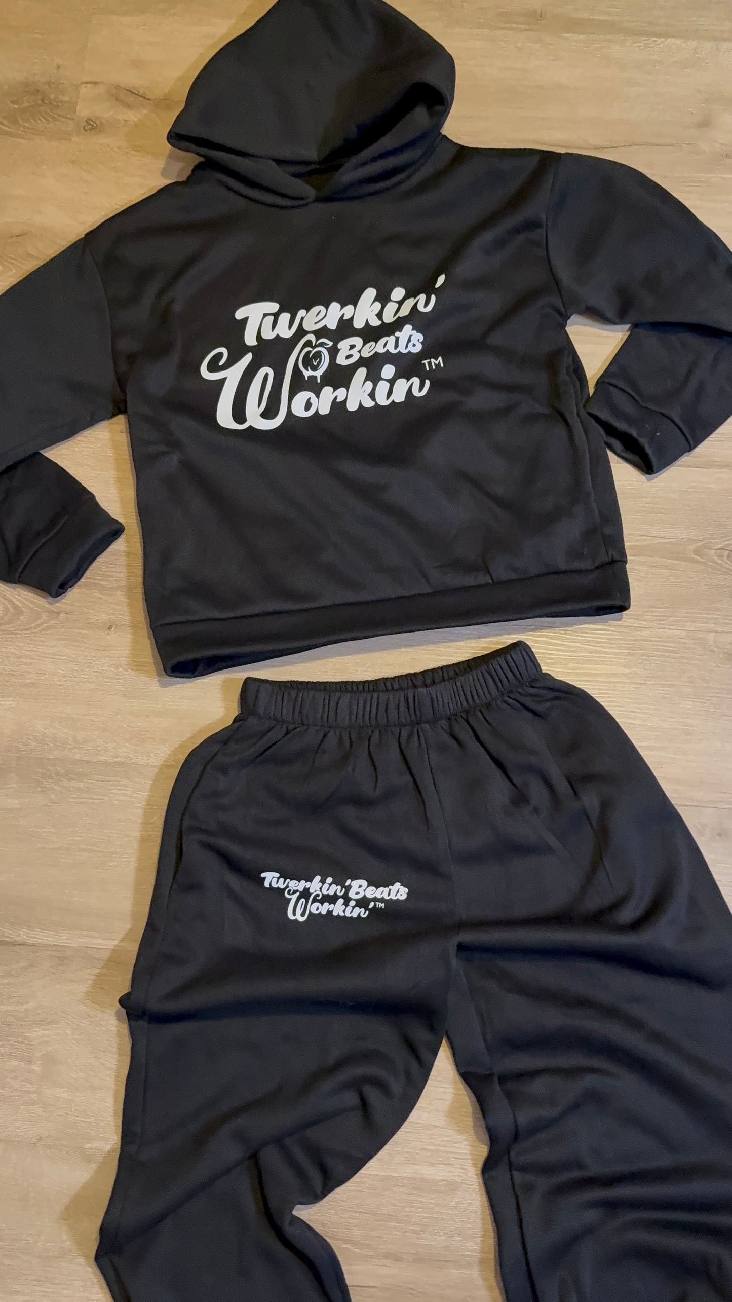Black Unisex Twerkin’ Beats Workin’ peach design front of hoodie back of pants jogger set