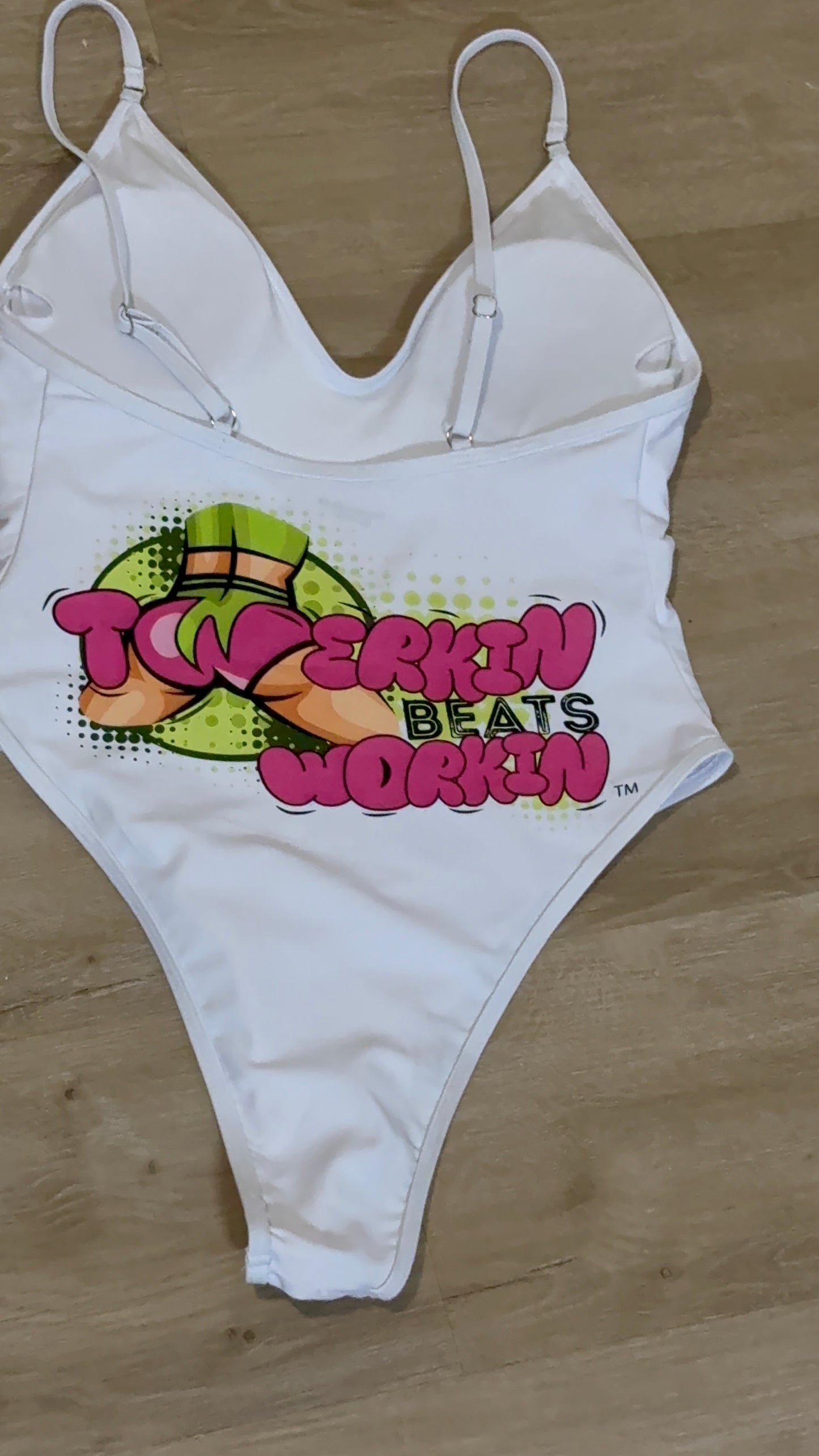 Pink and green Twerkin’ Beats Workin’Booty designed one piece