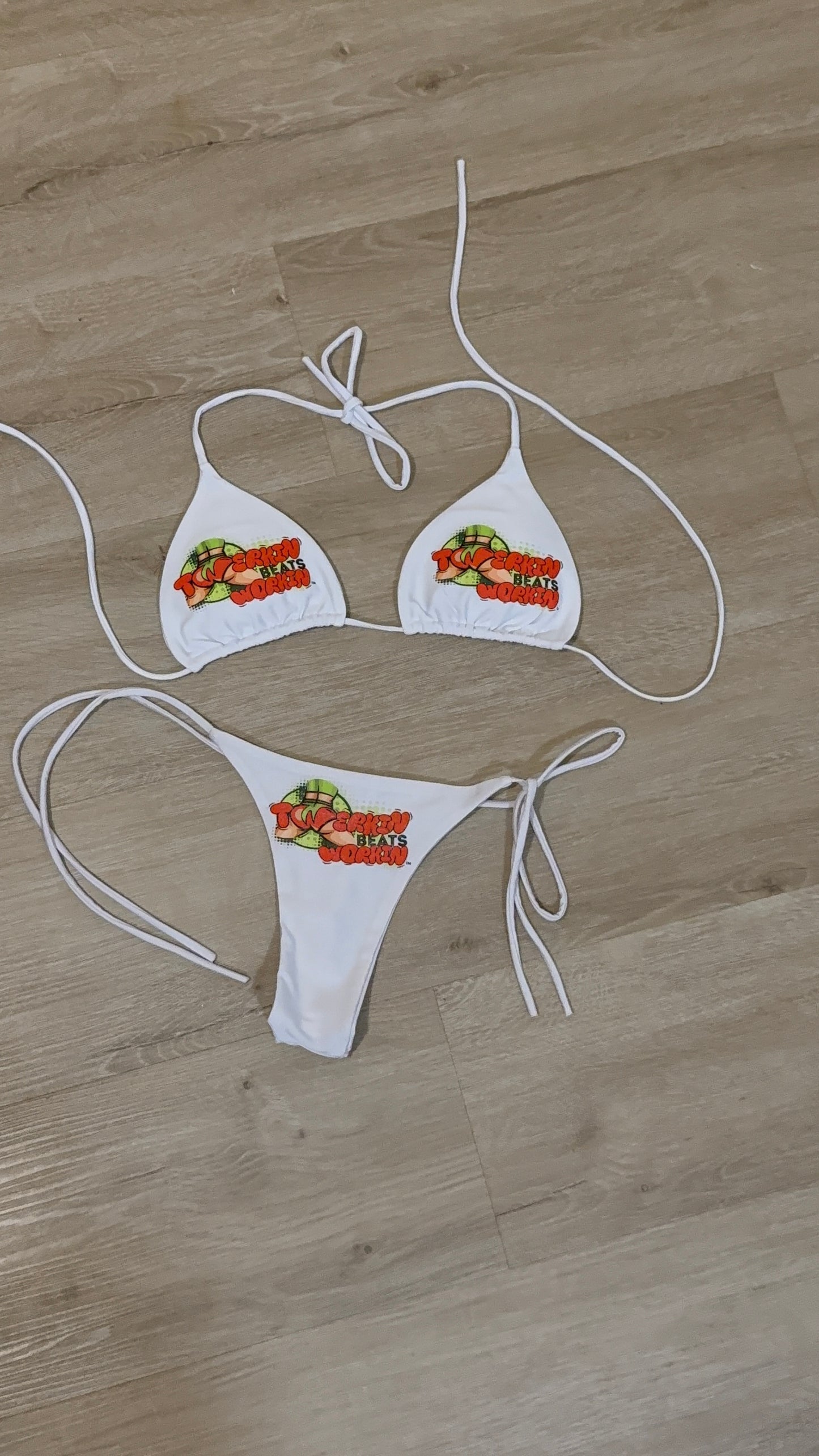 Orange & green Twerkin Beats Workin’ Booty designed string thong Bikini
