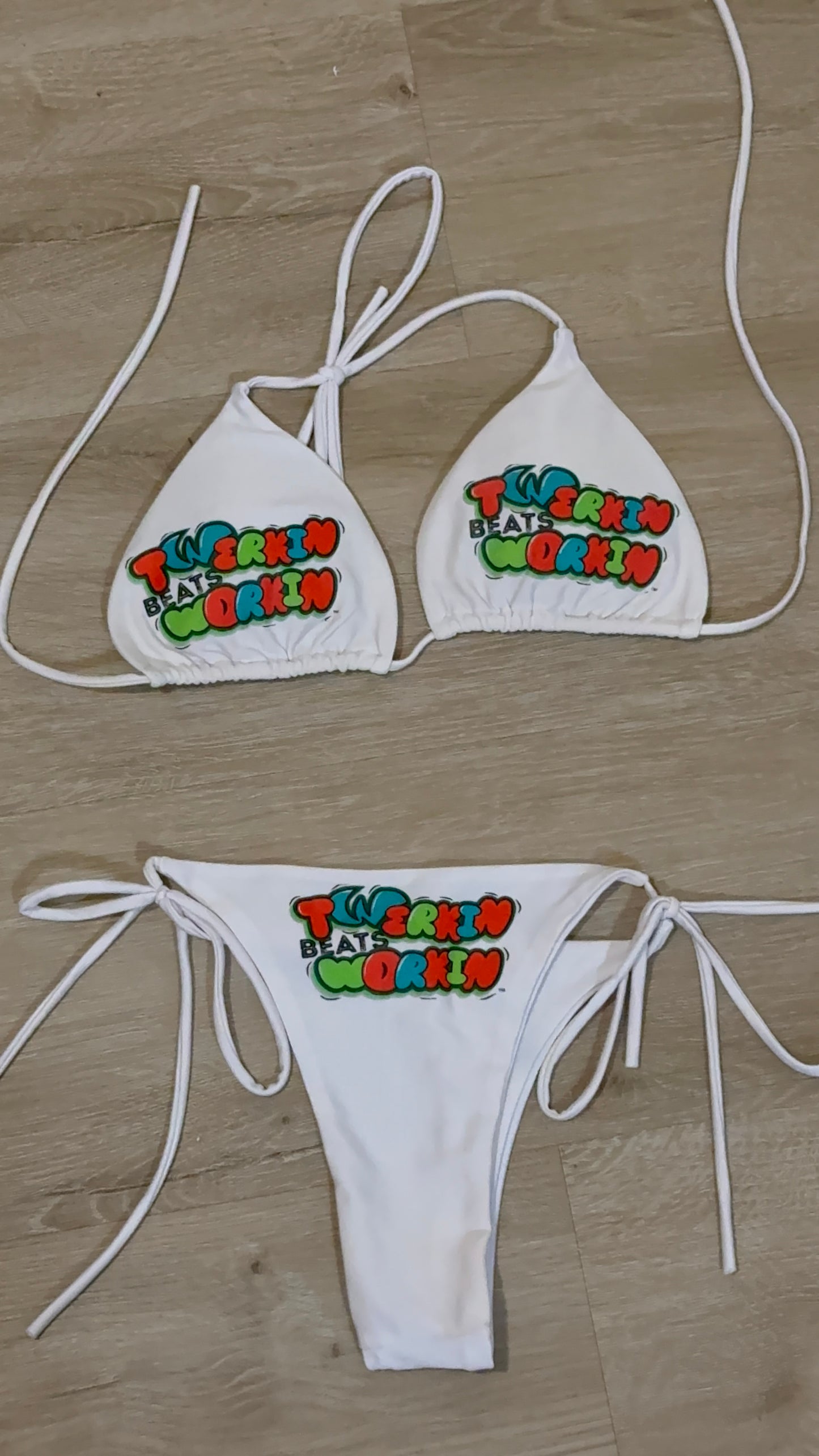Orange, blue & green Twerkin’ Beats Workin’ designed string thong bikini