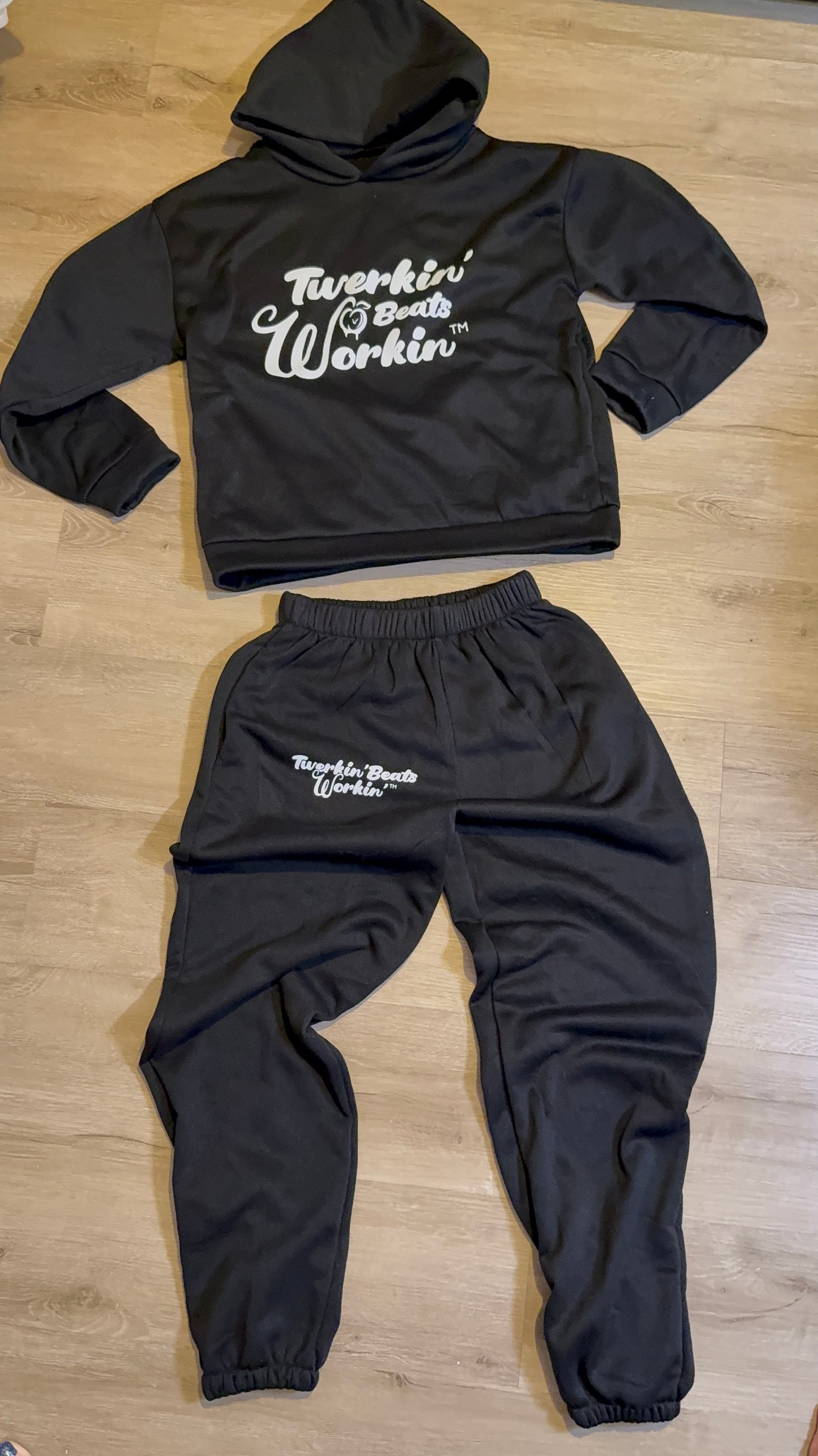Black Unisex Twerkin’ Beats Workin’ peach design front of hoodie back of pants jogger set