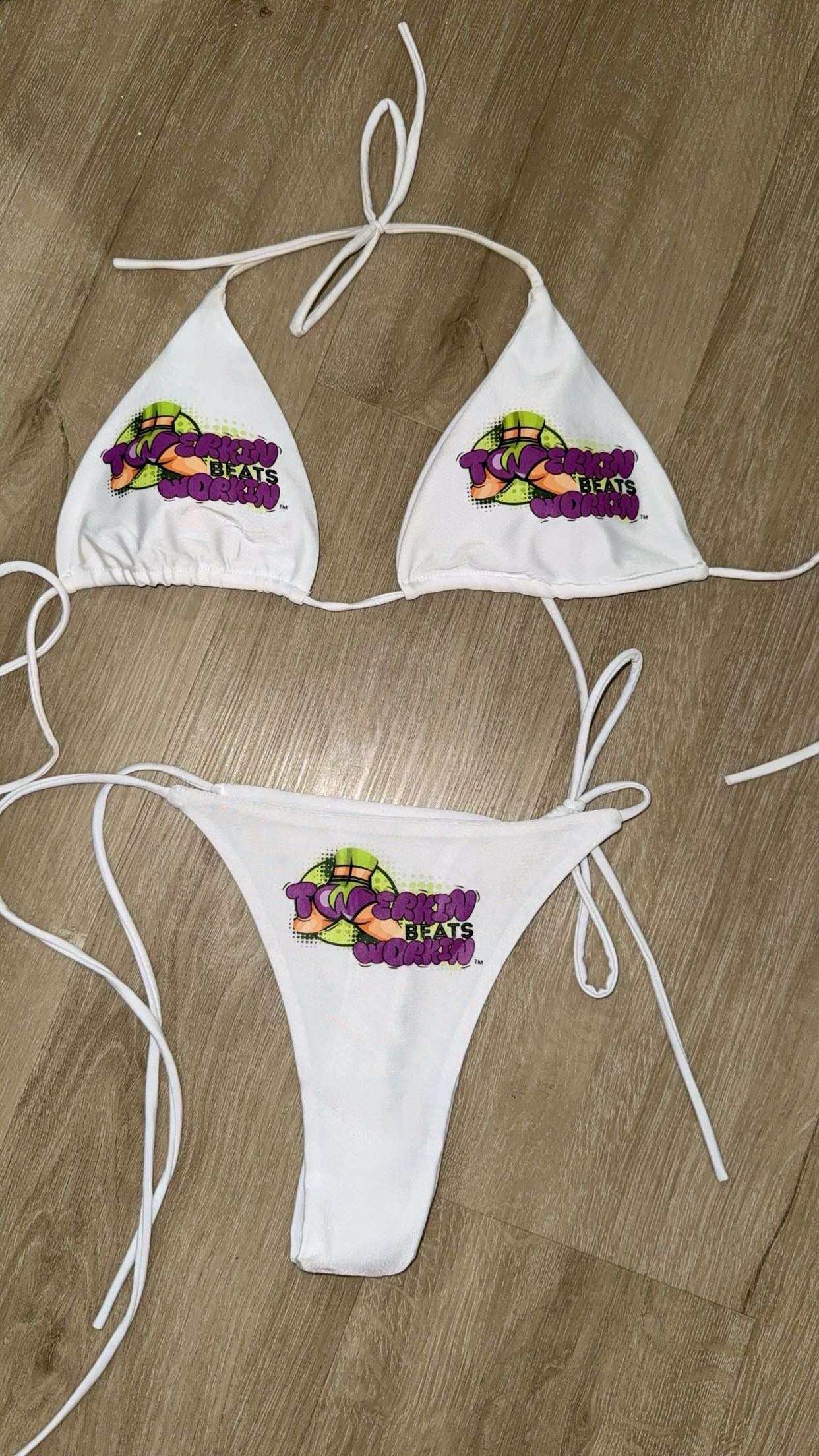 Purple & green Twerkin’ Beats Workin’ booty designed thong string Bikini