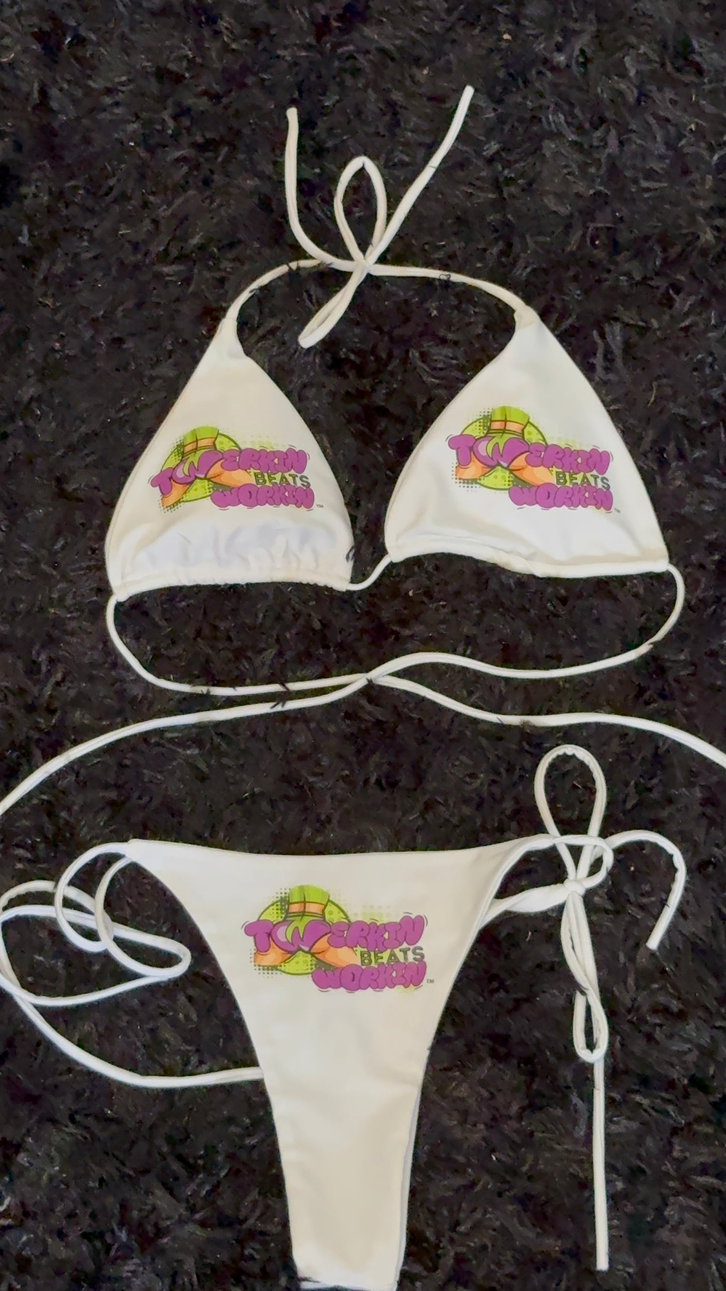 Purple & green Twerkin’ Beats Workin’ booty designed thong string Bikini