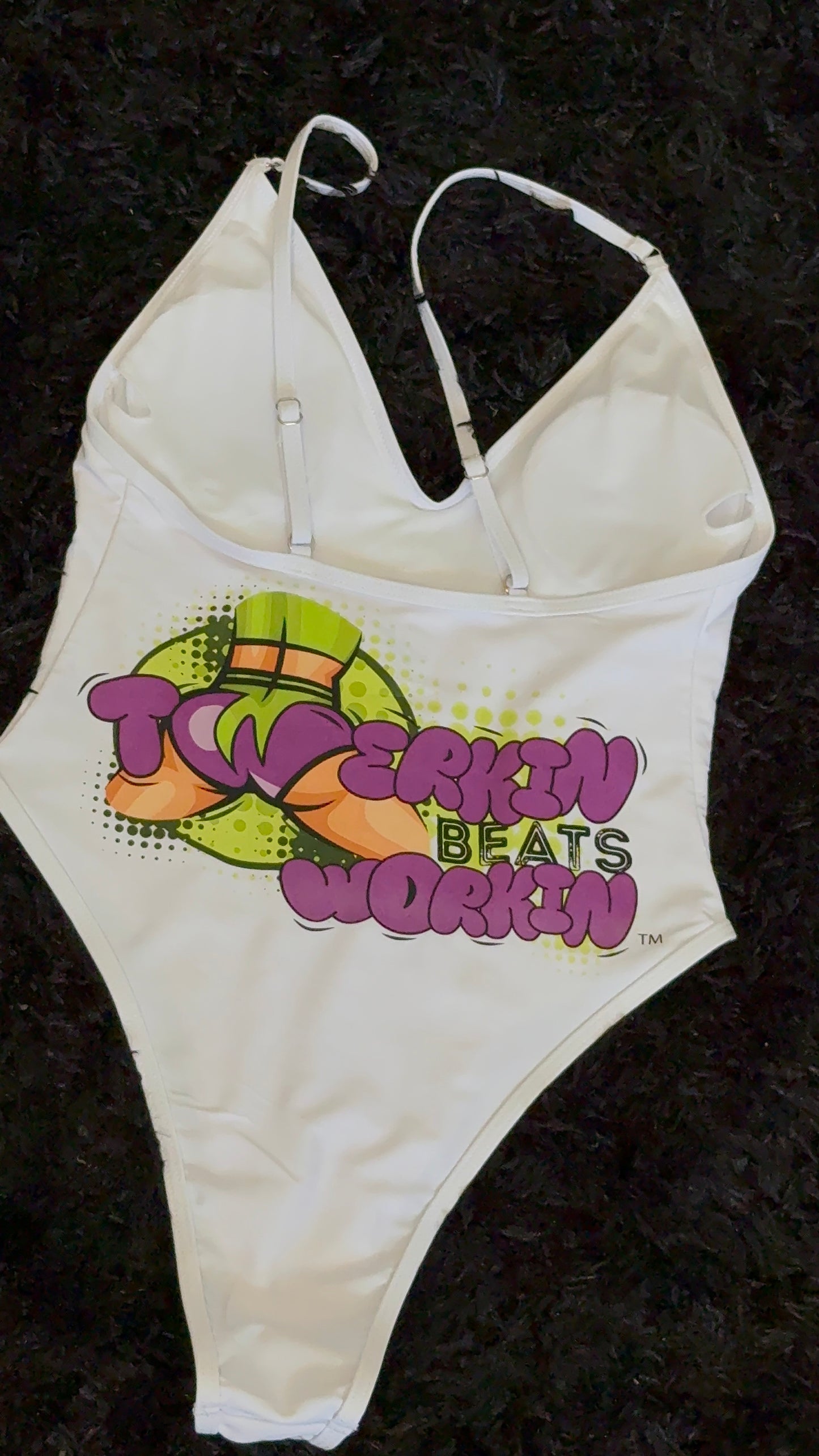 Purple and green booty designed Twerkin’ Beats Workin’ one piece