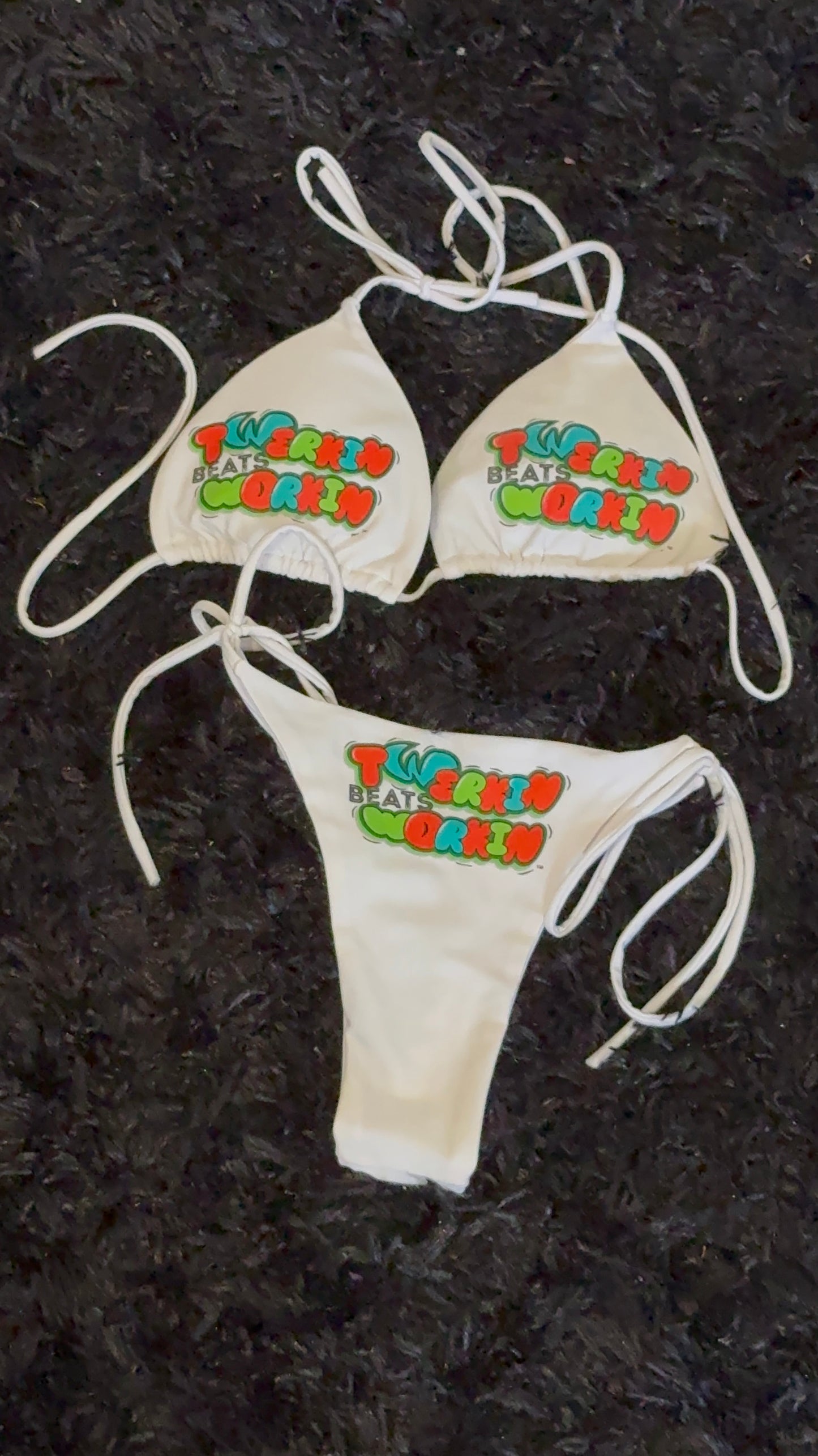 Orange, blue & green Twerkin’ Beats Workin’ designed string thong bikini