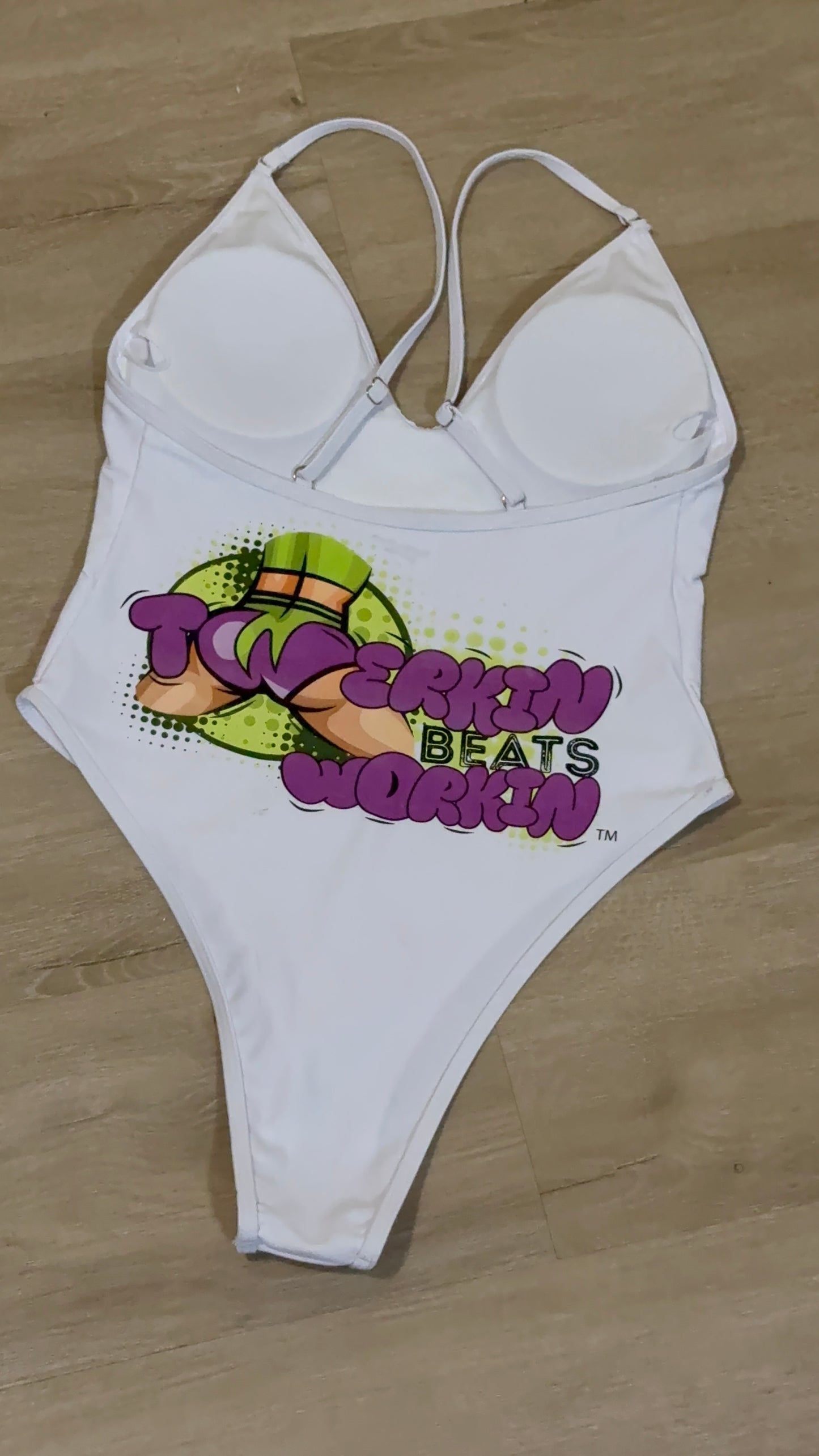 Purple and green booty designed Twerkin’ Beats Workin’ one piece