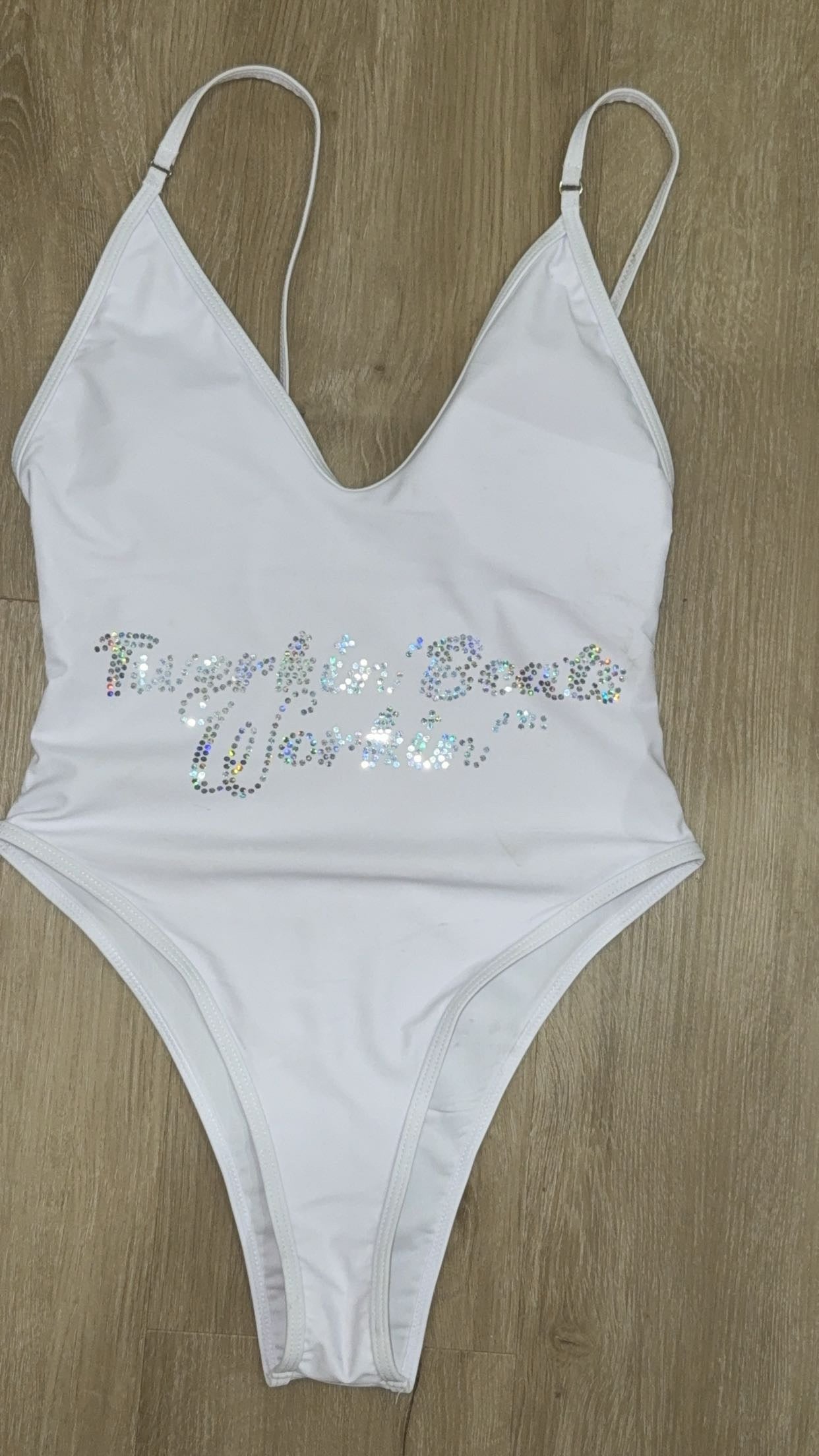 Pink and green Twerkin’ Beats Workin’Booty designed one piece