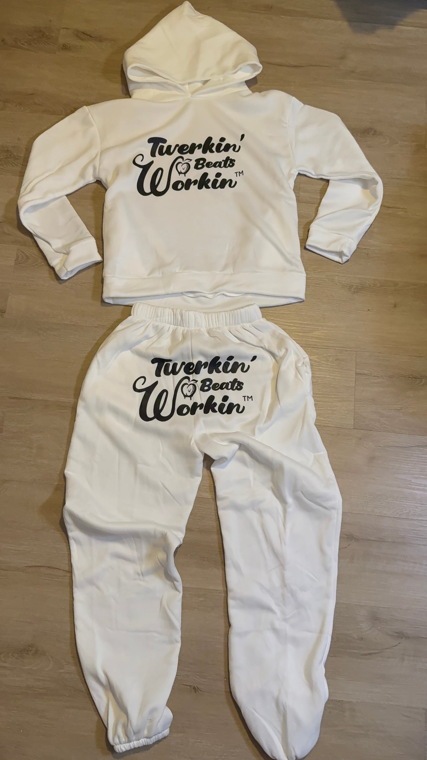 Unisex white Twerkin’ Beats Workin’ peach design on front of hoodie and back of pants Jogger set