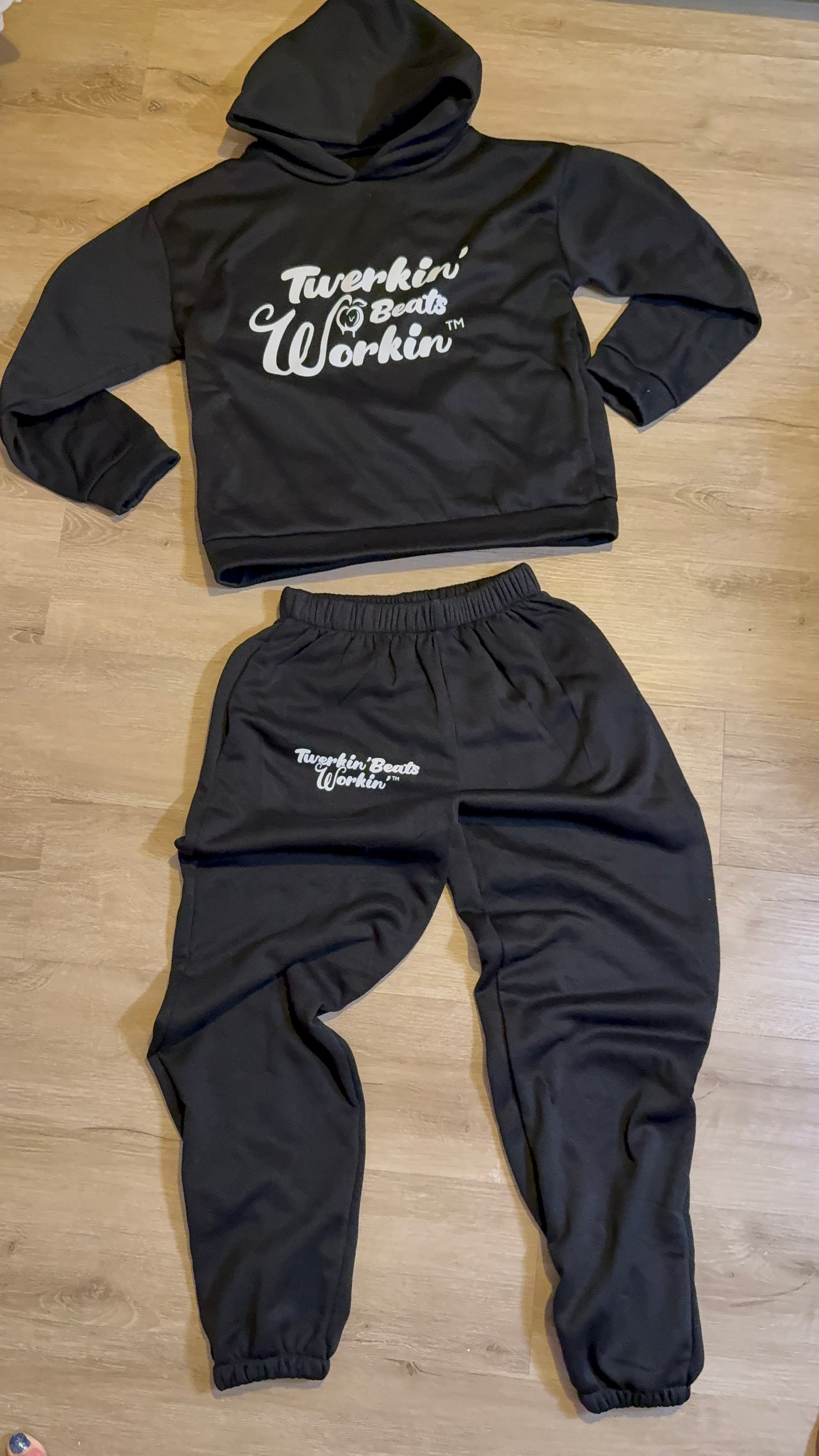 Black Unisex Twerkin’ Beats Workin’ peach design front of hoodie back of pants jogger set