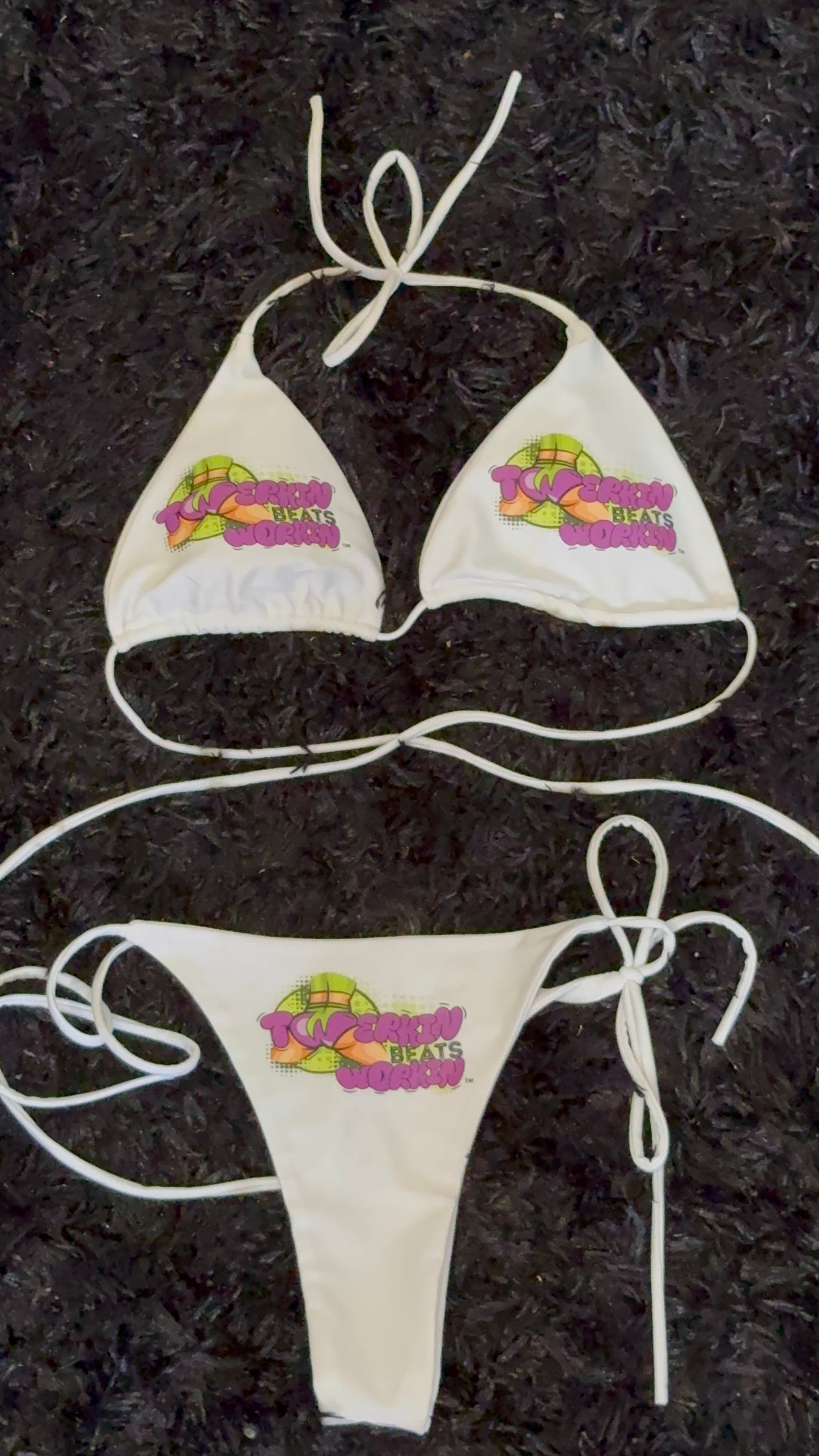 Purple & green Twerkin’ Beats Workin’ booty designed thong string Bikini