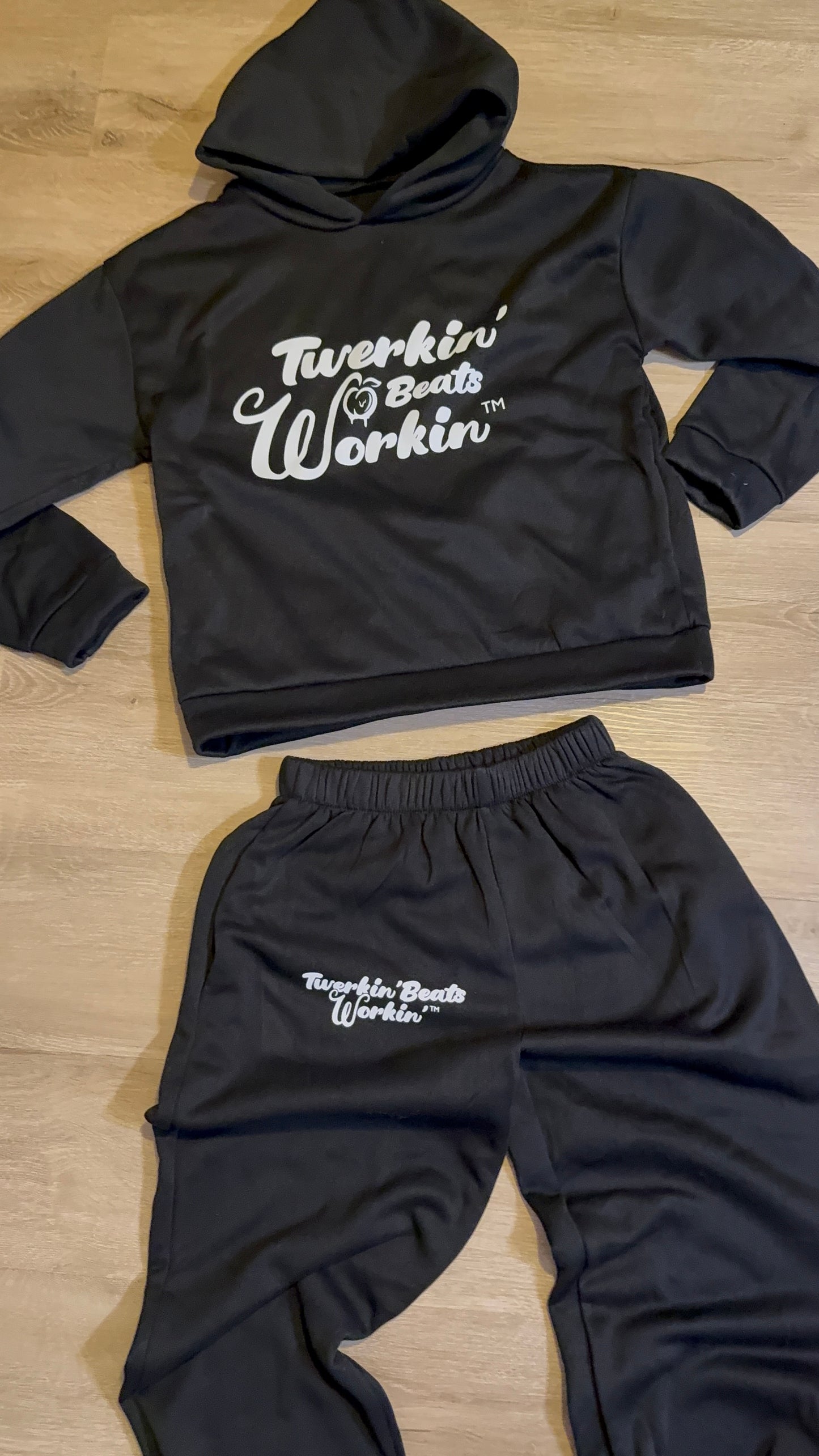 Black Unisex Twerkin’ Beats Workin’ peach design front of hoodie back of pants jogger set