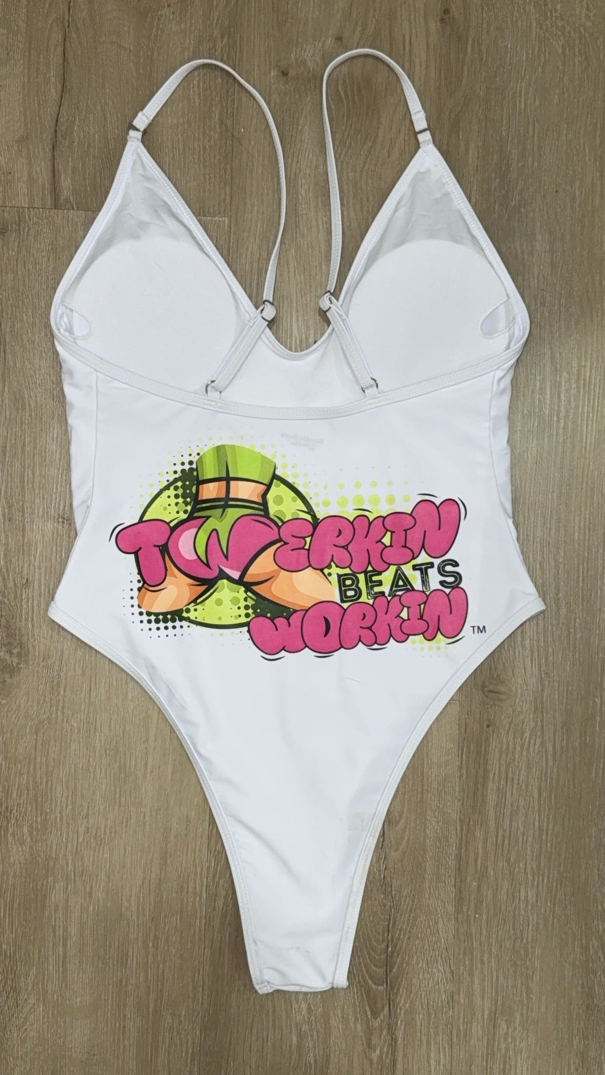 Pink and green Twerkin’ Beats Workin’Booty designed one piece