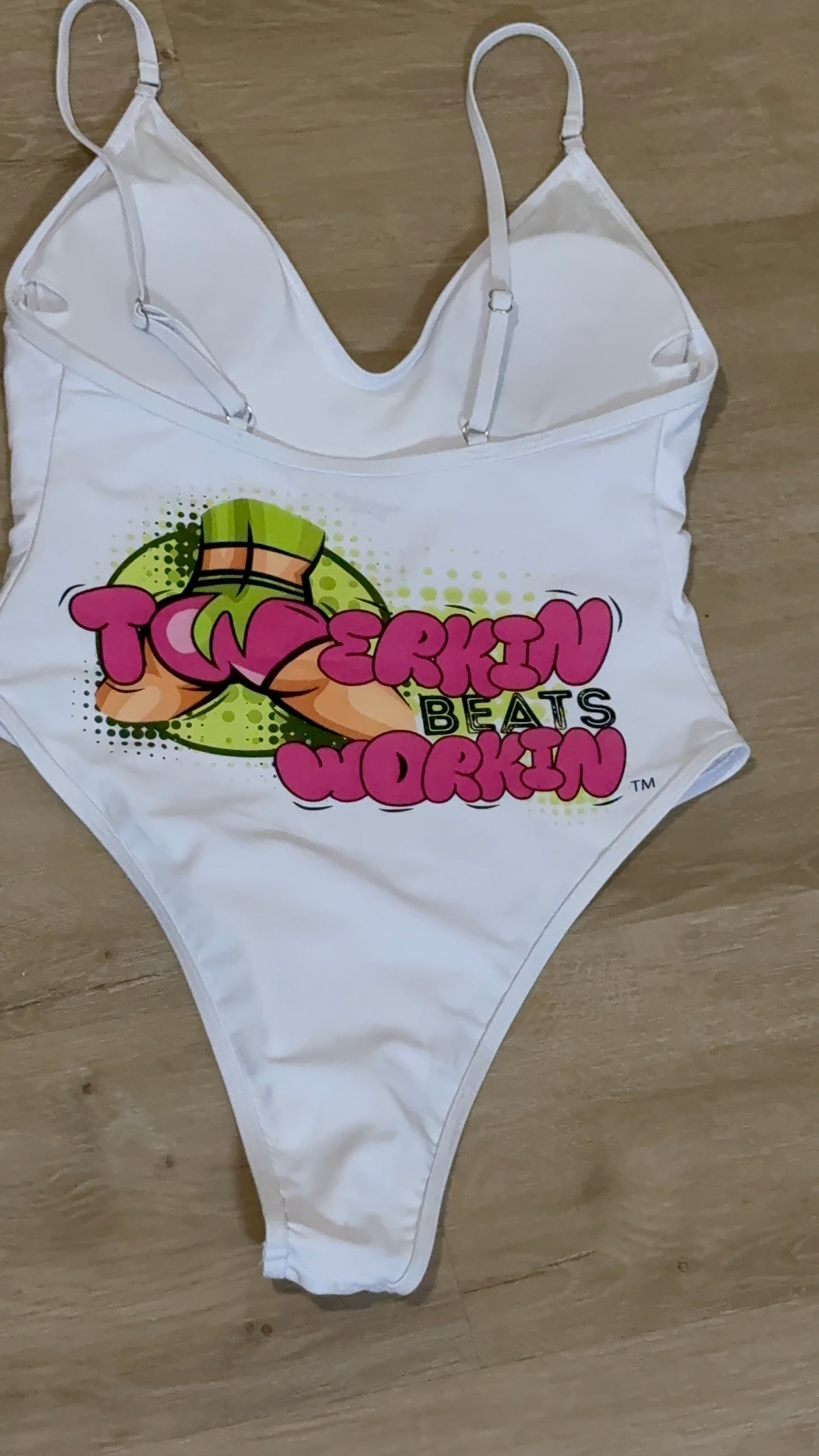 Pink and green Twerkin’ Beats Workin’Booty designed one piece