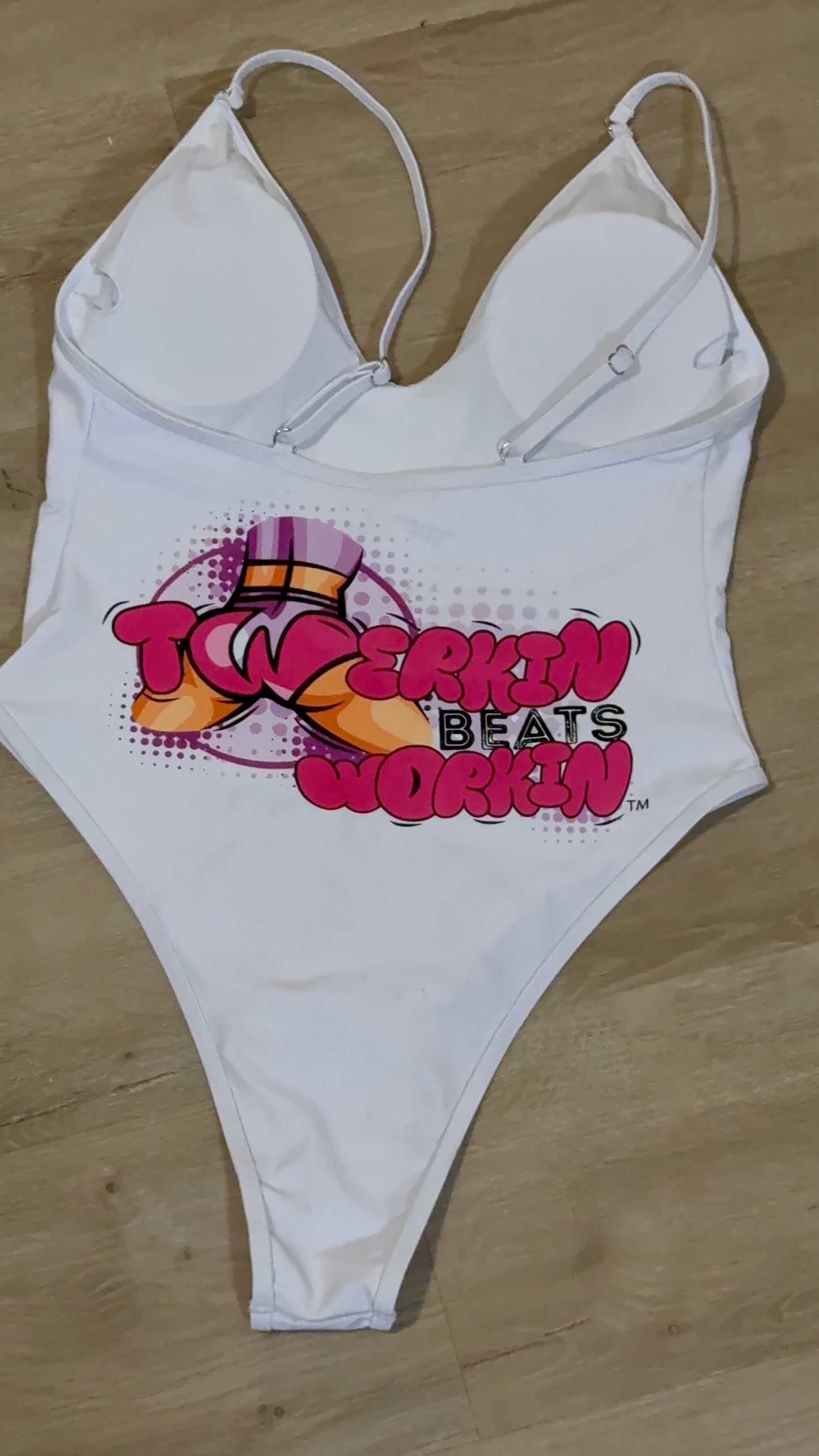 Pink and purple Twerkin’ Beats Workin’ booty designed one piece