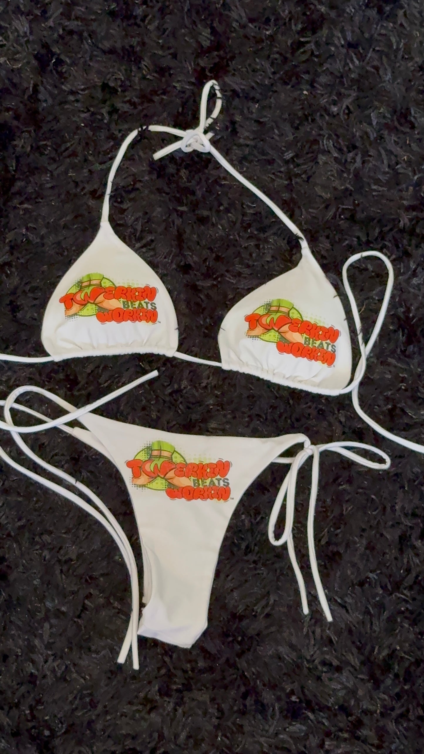 Orange & green Twerkin Beats Workin’ Booty designed string thong Bikini