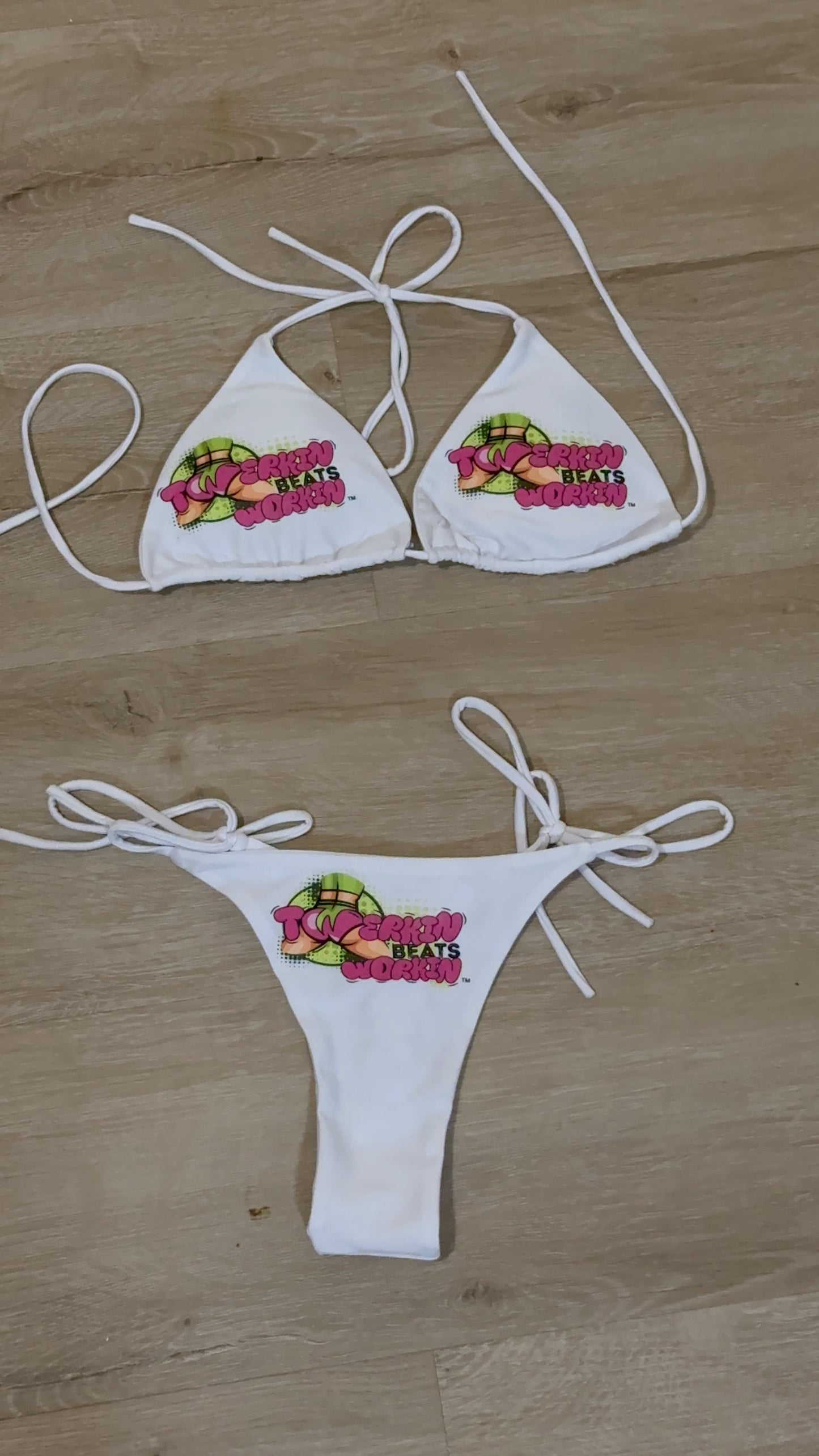 Pink & green Twerkin’ Beats Workin’ booty design thong string Bikini