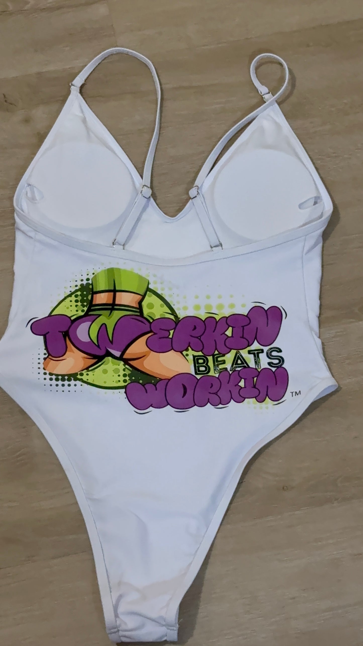 Purple and green booty designed Twerkin’ Beats Workin’ one piece
