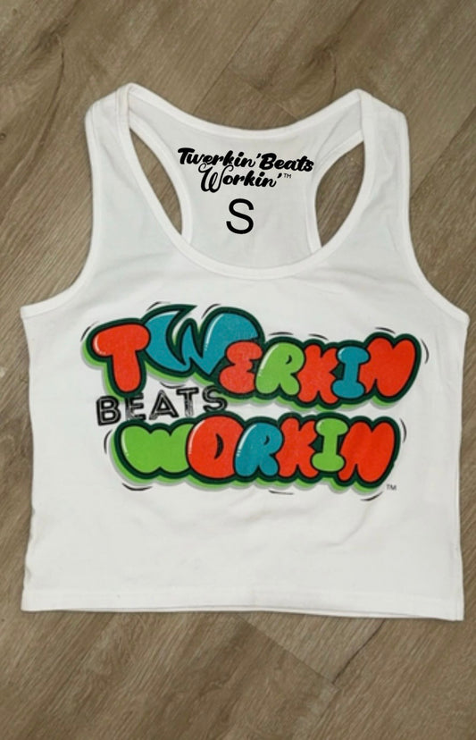 Orange, blue and green design on front of tank/ glitter Tbw on back