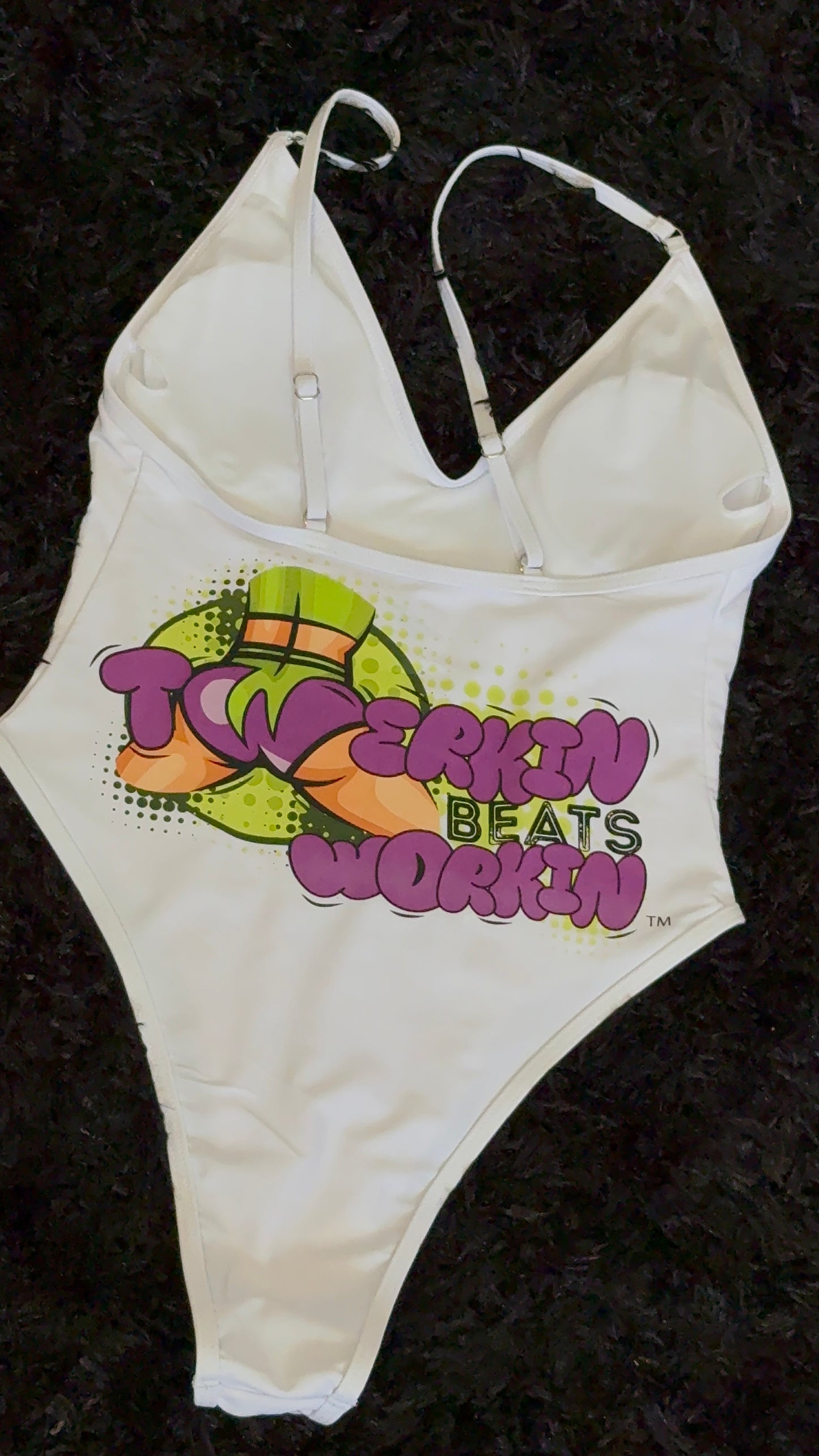 Purple and green booty designed Twerkin’ Beats Workin’ one piece