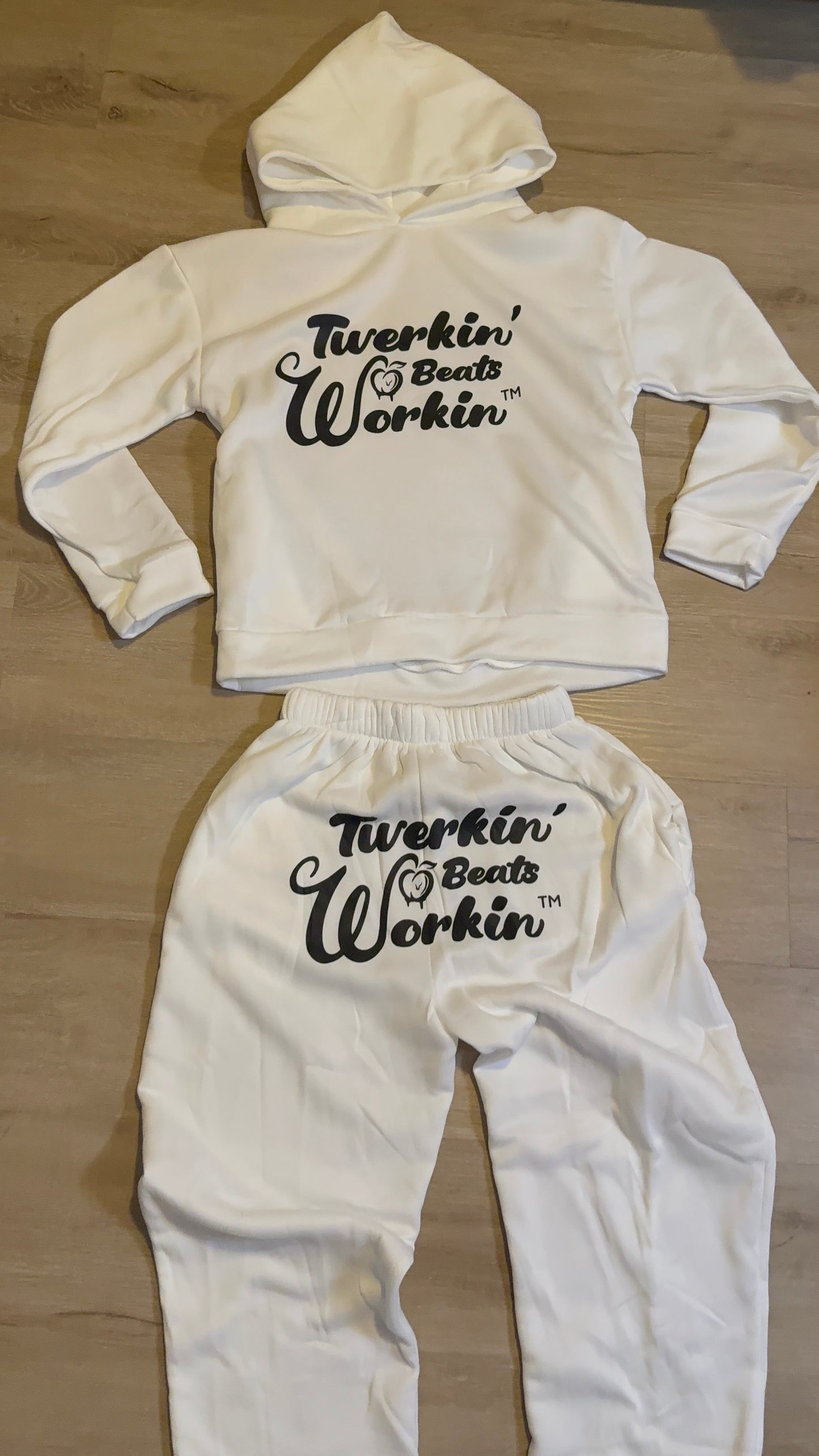 Unisex white Twerkin’ Beats Workin’ peach design on front of hoodie and back of pants Jogger set