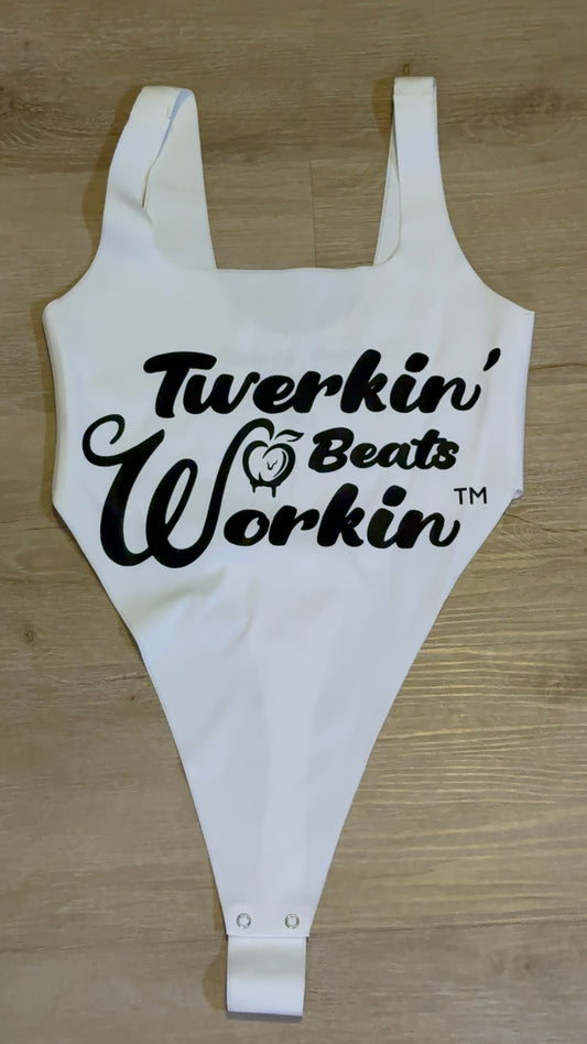 White Thong Twerkin’ Beats Workin’ peach design one piece
