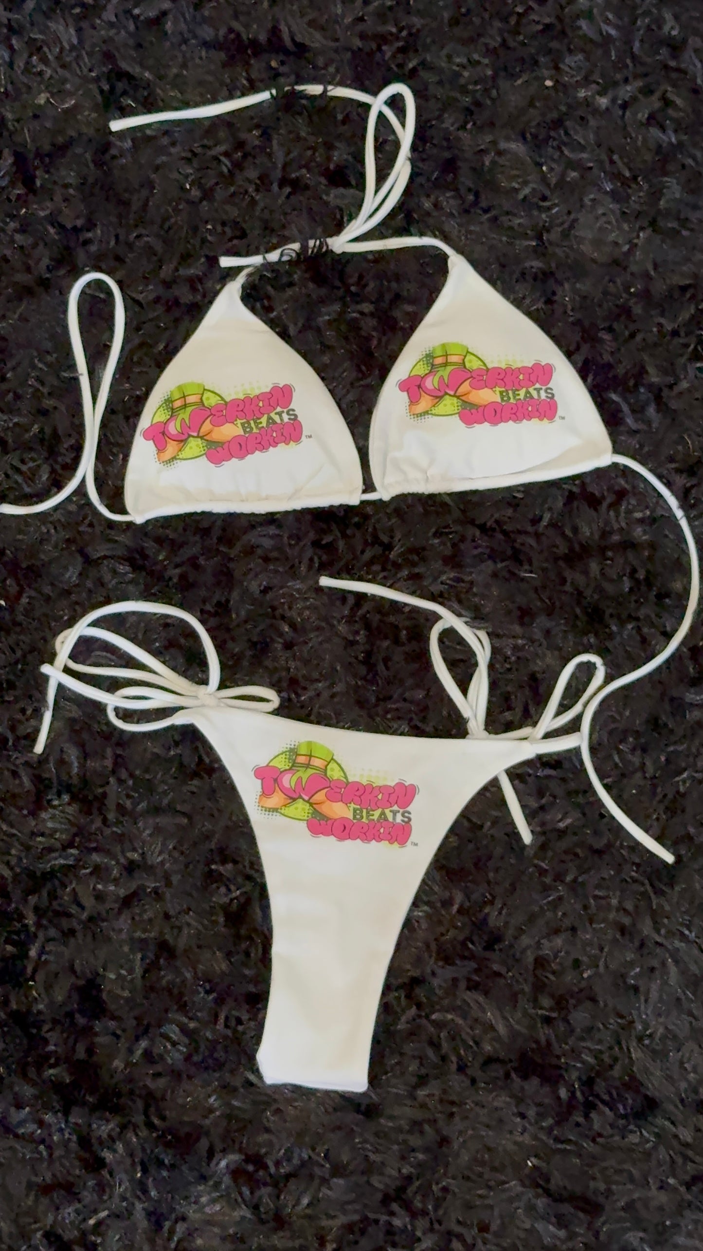 Pink & green Twerkin’ Beats Workin’ booty design thong string Bikini