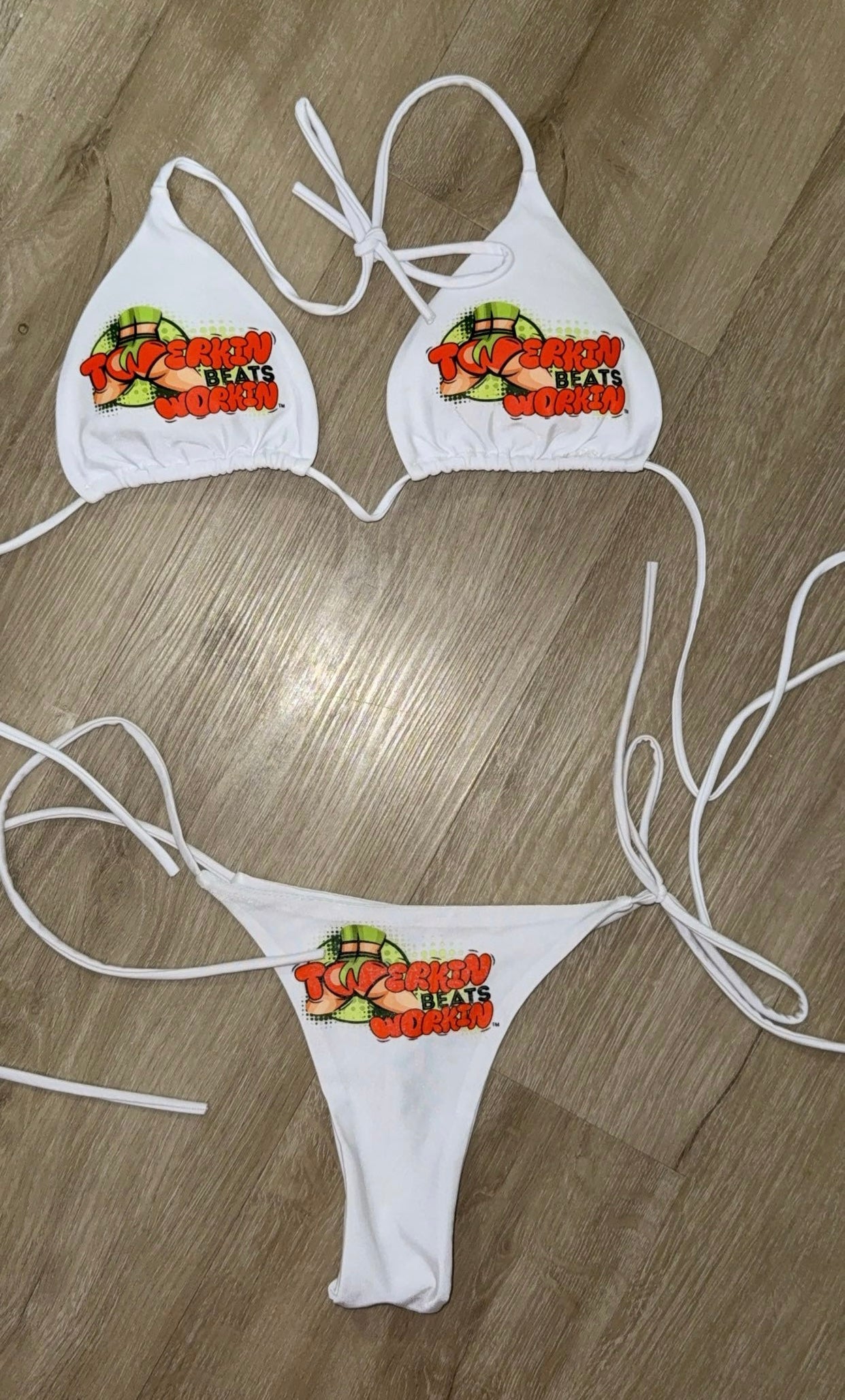Orange & green Twerkin Beats Workin’ Booty designed string thong Bikini