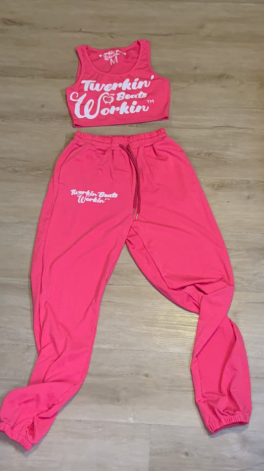 Women’s hot pink crop top Jogger white Twerkin’ Beats Workin’ peach design