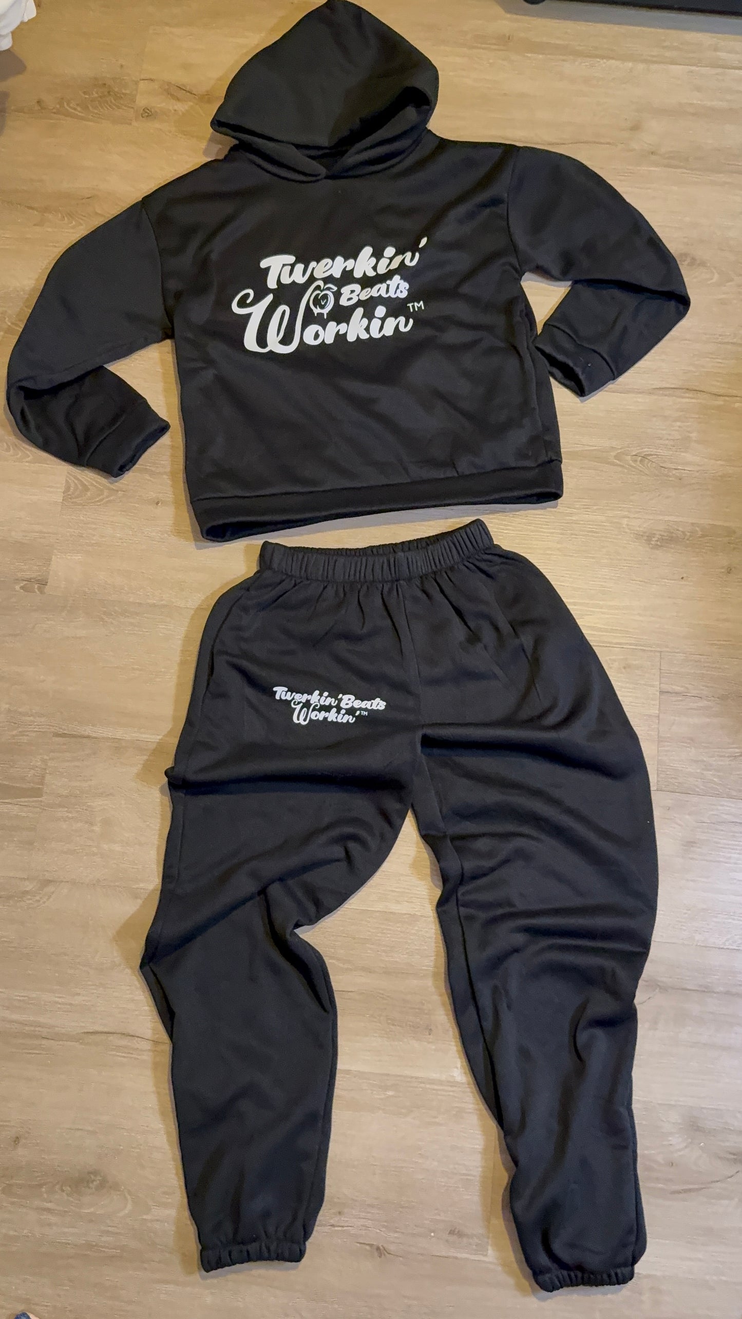 Black Unisex Twerkin’ Beats Workin’ peach design front of hoodie back of pants jogger set
