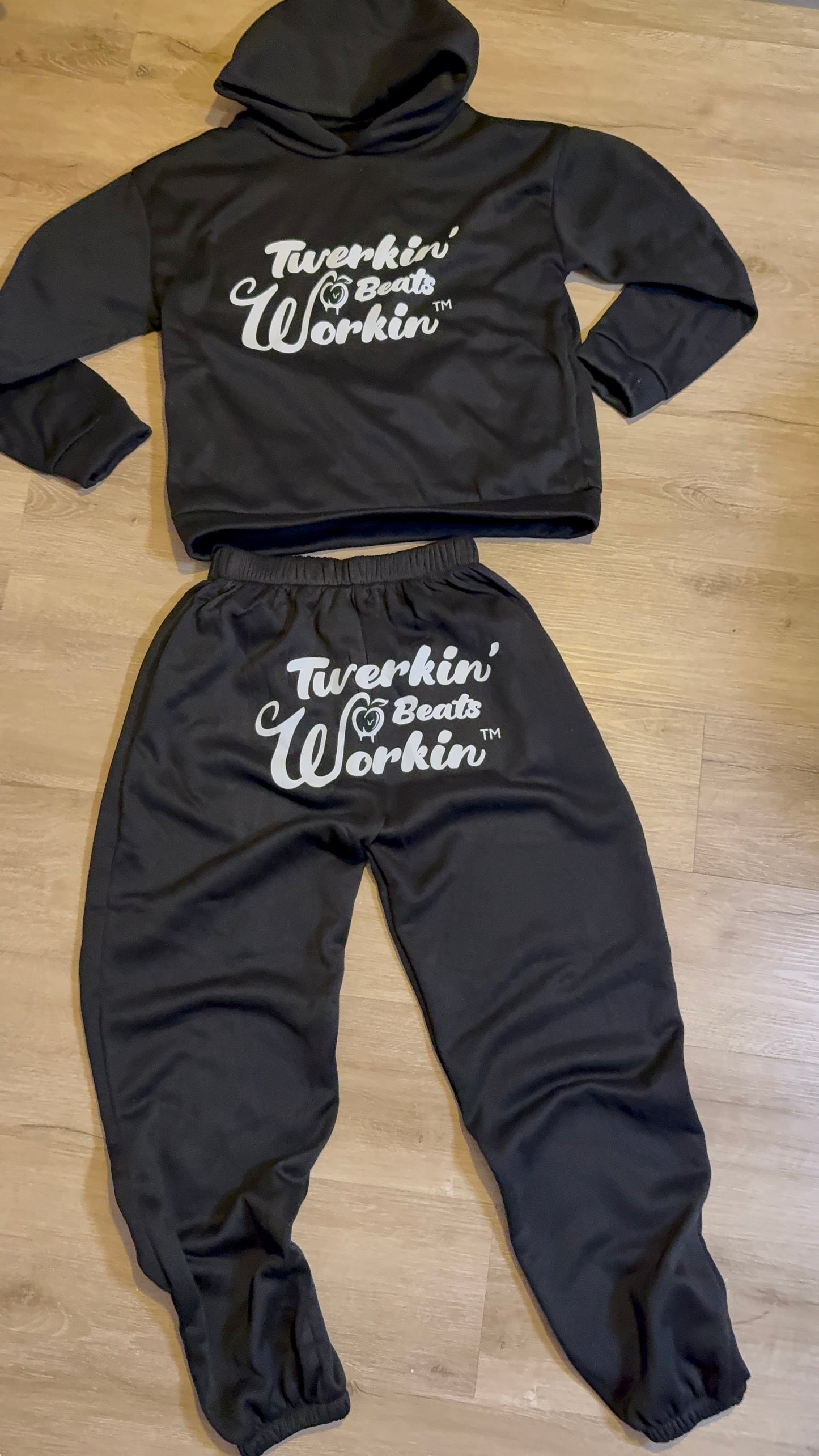 Black Unisex Twerkin’ Beats Workin’ peach design front of hoodie back of pants jogger set