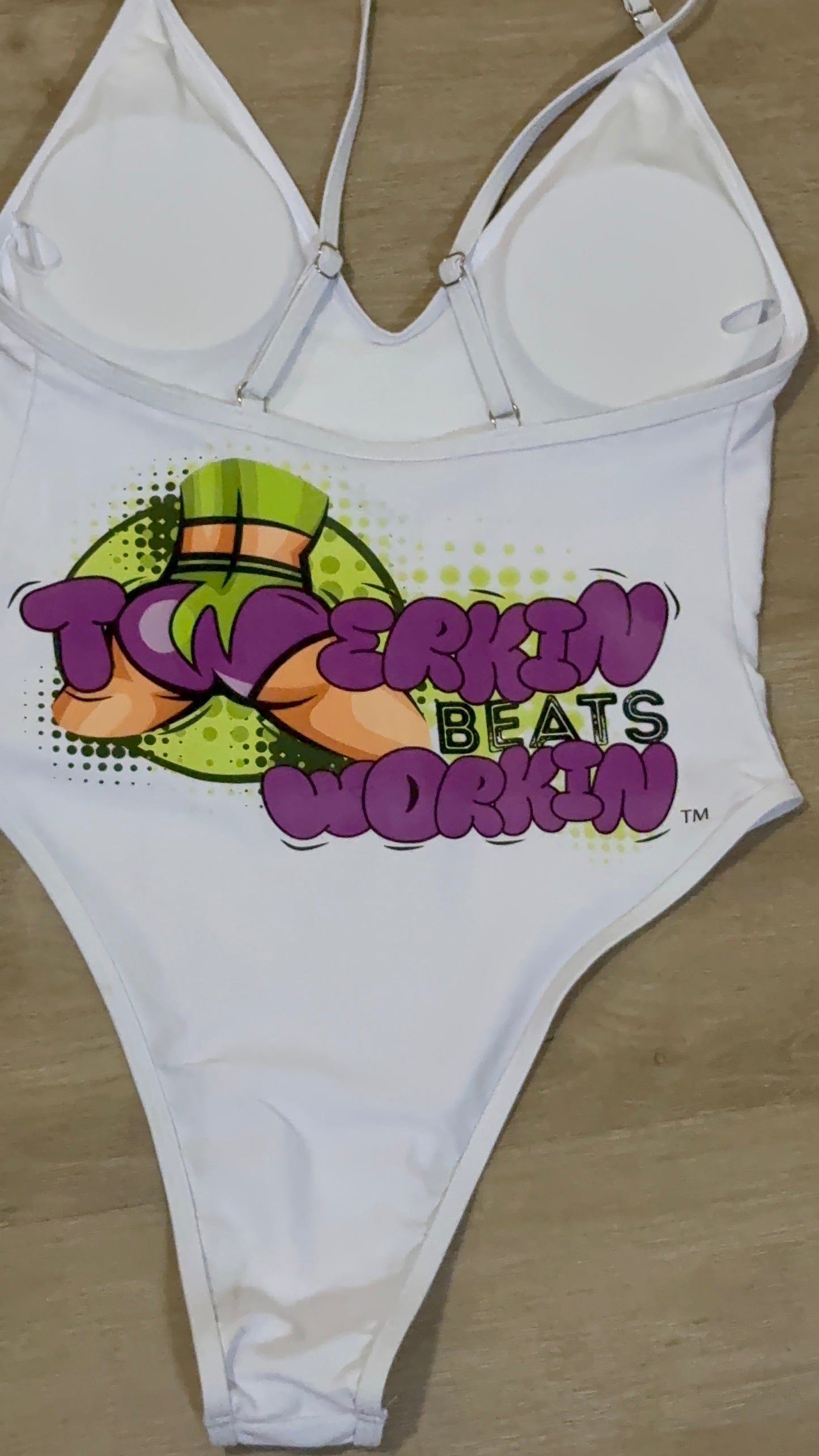Purple and green booty designed Twerkin’ Beats Workin’ one piece