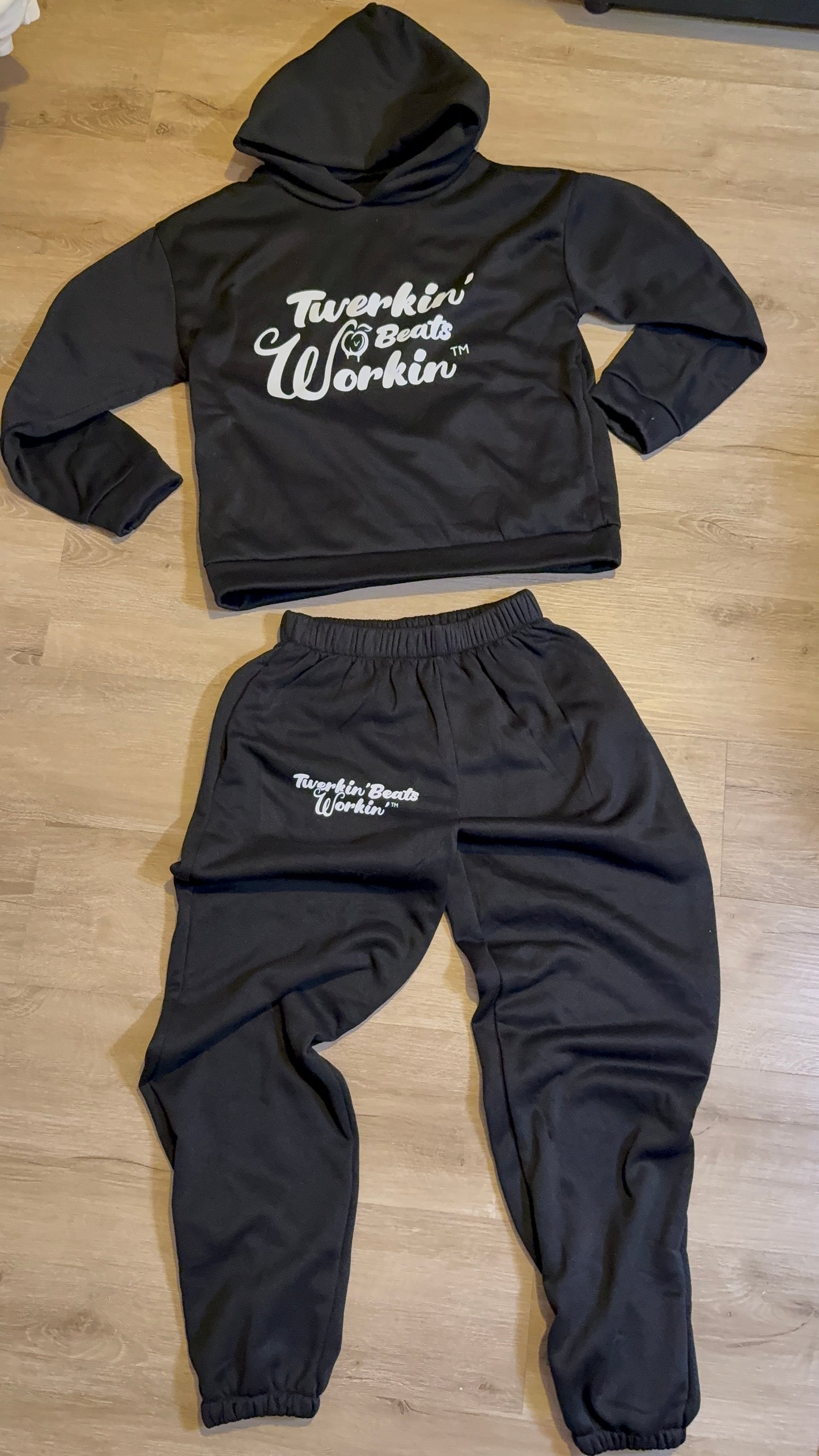 Black Unisex Twerkin’ Beats Workin’ peach design front of hoodie back of pants jogger set