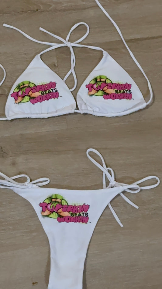 Pink & green Twerkin’ Beats Workin’ booty design thong string Bikini
