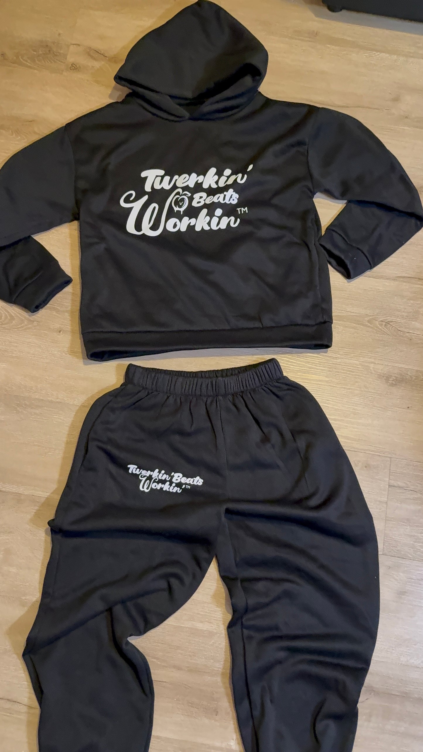 Black Unisex Twerkin’ Beats Workin’ peach design front of hoodie back of pants jogger set