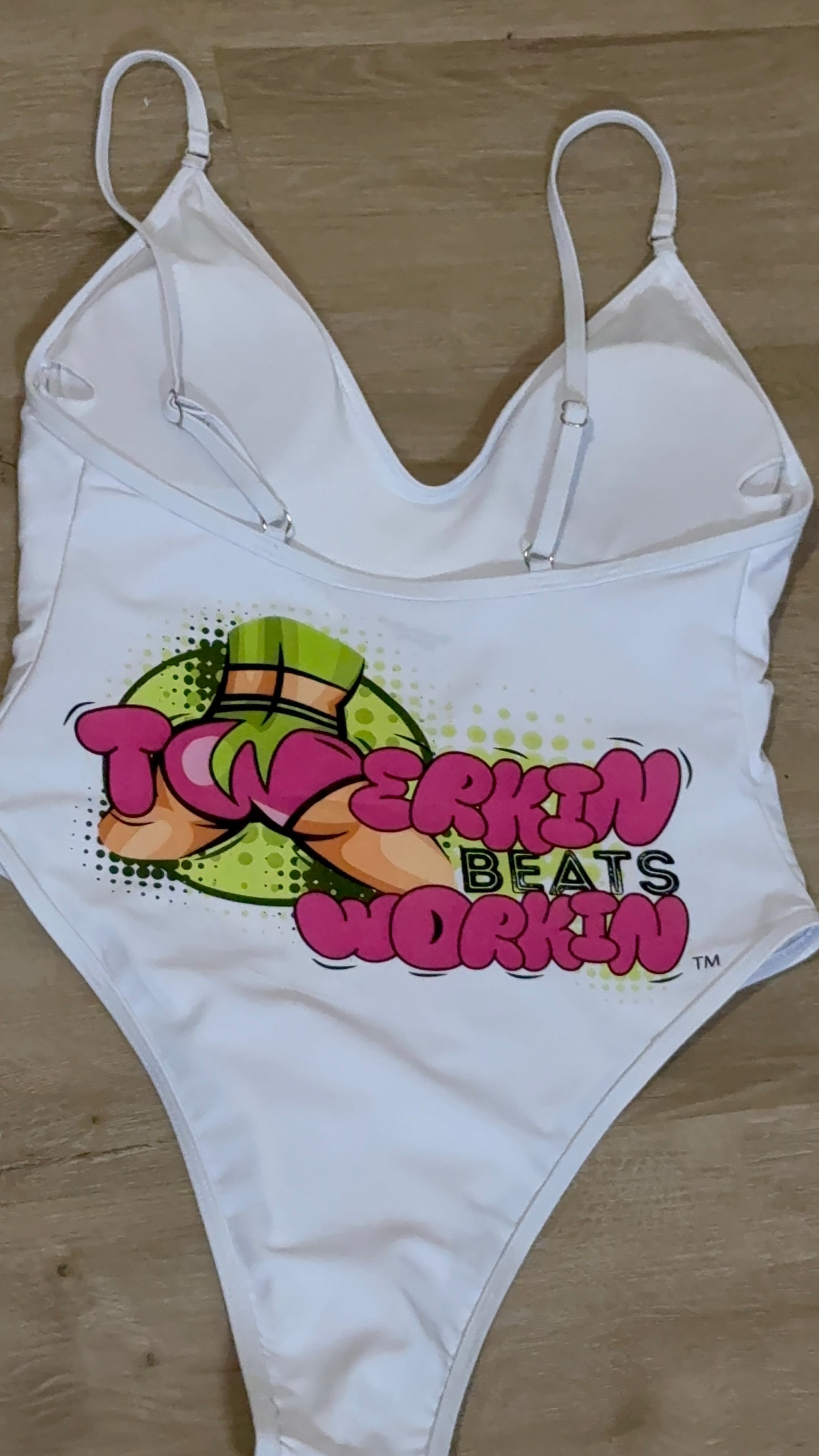 Pink and green Twerkin’ Beats Workin’Booty designed one piece