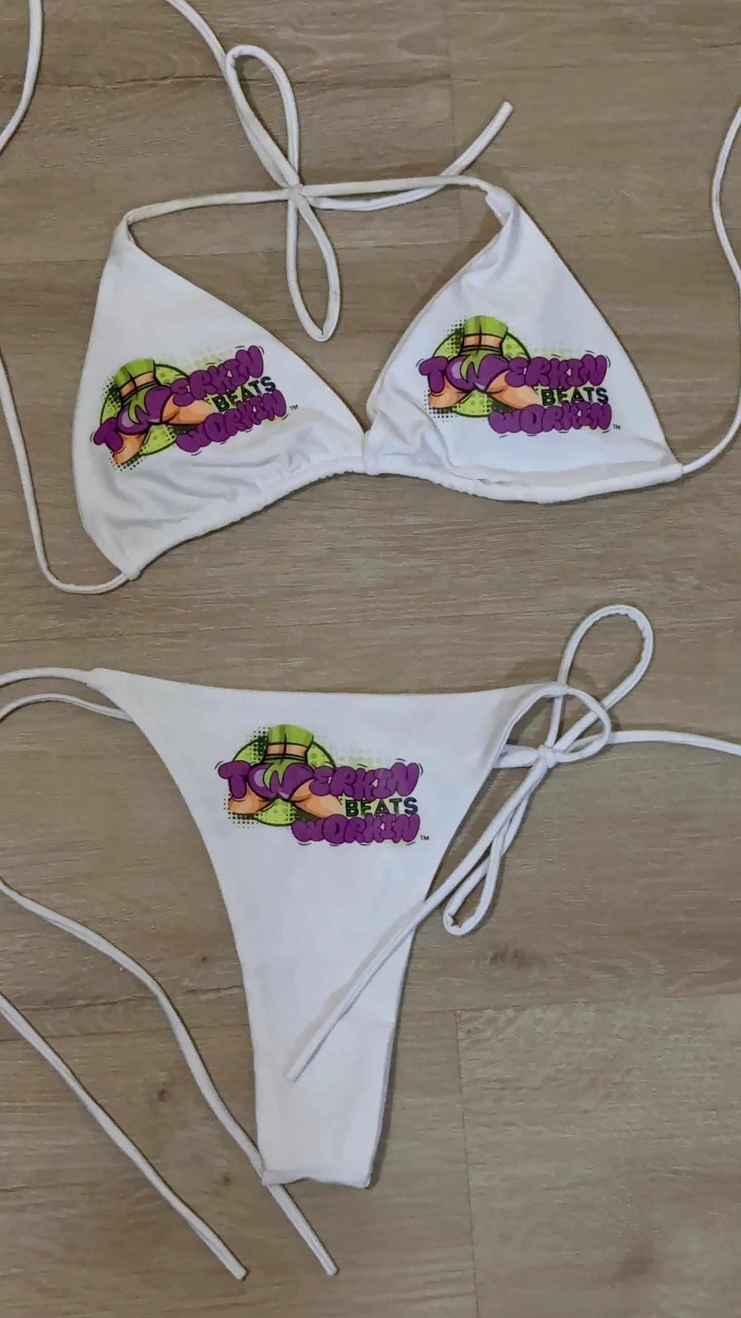 Purple & green Twerkin’ Beats Workin’ booty designed thong string Bikini