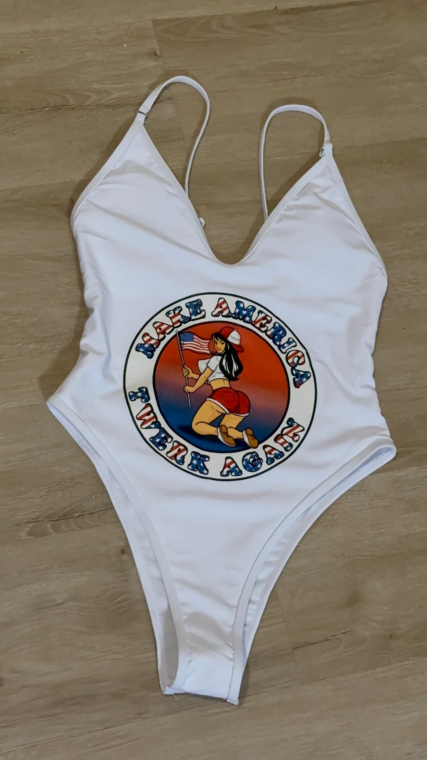 Make America Twerk Again on front of one piece