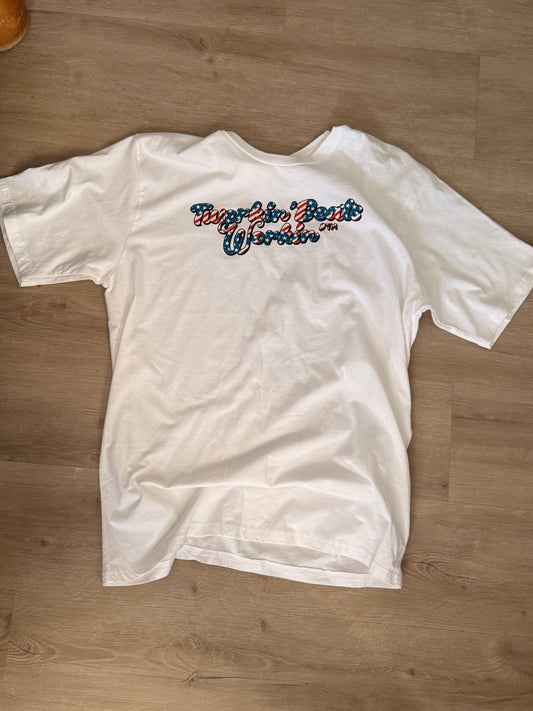 TBW American flag design logo on front of t-shirt