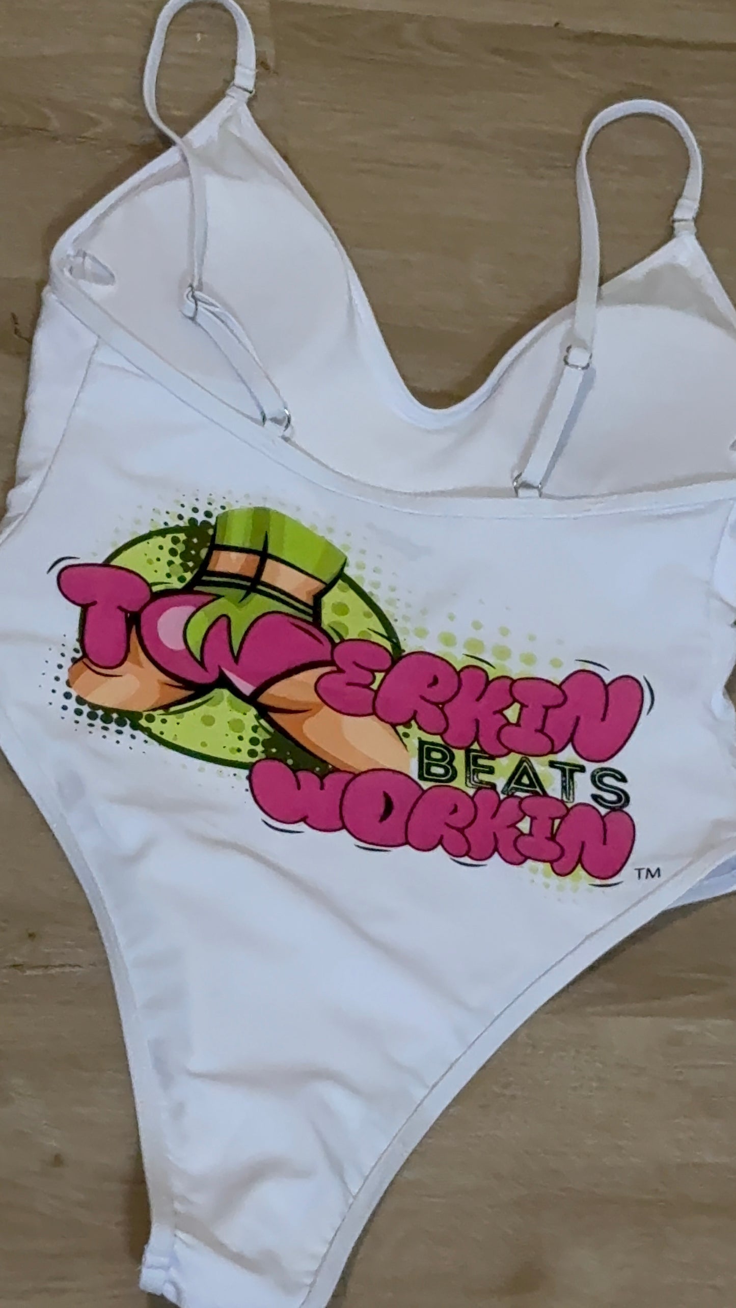 Pink and green Twerkin’ Beats Workin’Booty designed one piece