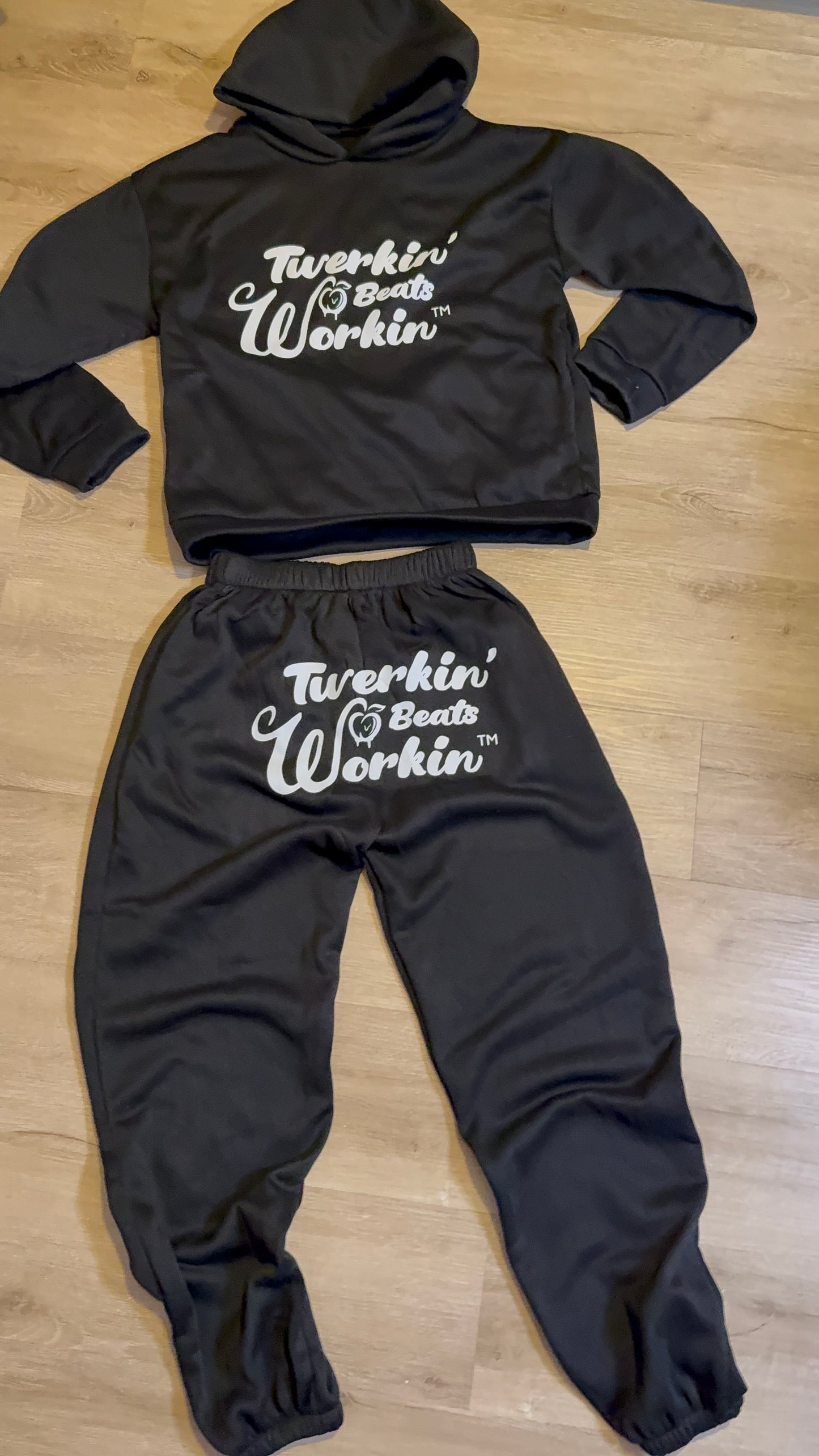 Black Unisex Twerkin’ Beats Workin’ peach design front of hoodie back of pants jogger set