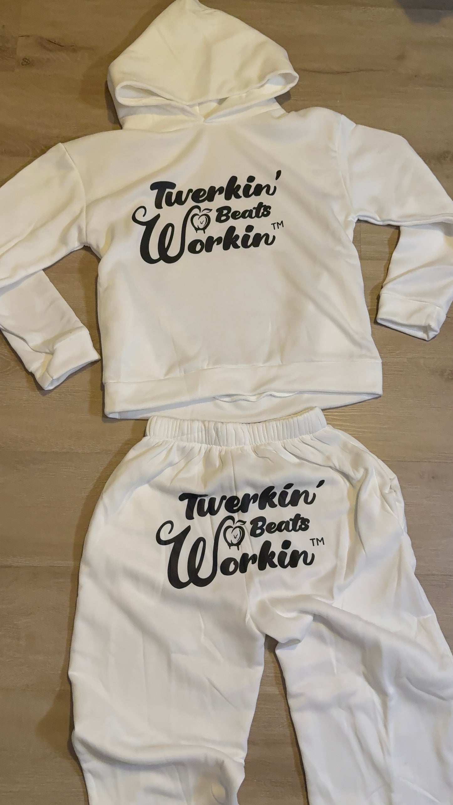 Unisex white Twerkin’ Beats Workin’ peach design on front of hoodie and back of pants Jogger set