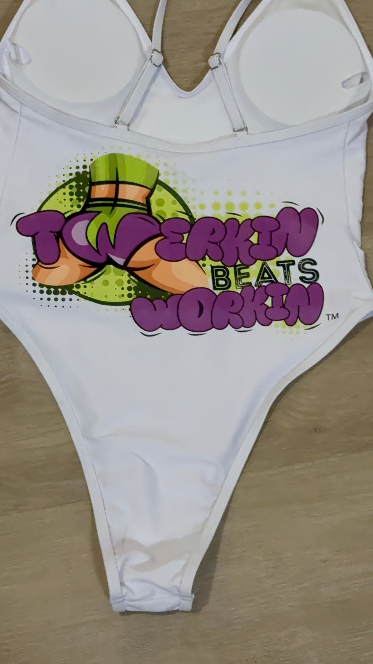 Purple and green booty designed Twerkin’ Beats Workin’ one piece