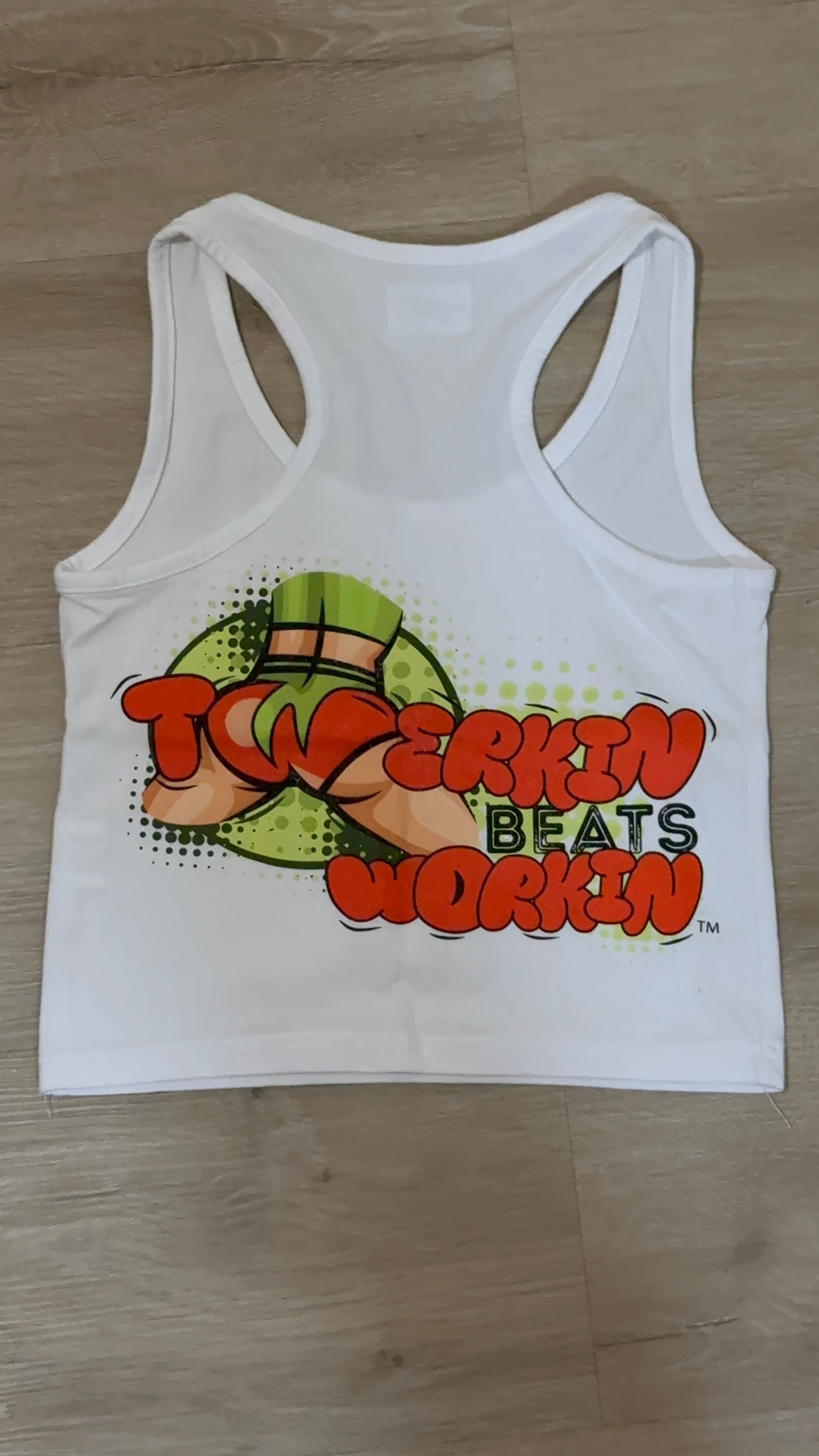 Glitter TBW on front of tank/ orange & green TBW on back of tank