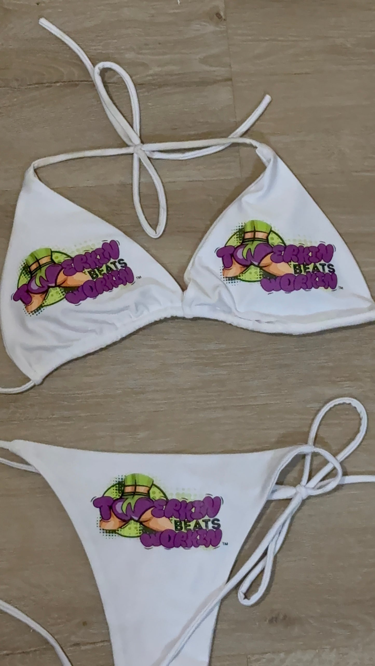 Purple & green Twerkin’ Beats Workin’ booty designed thong string Bikini
