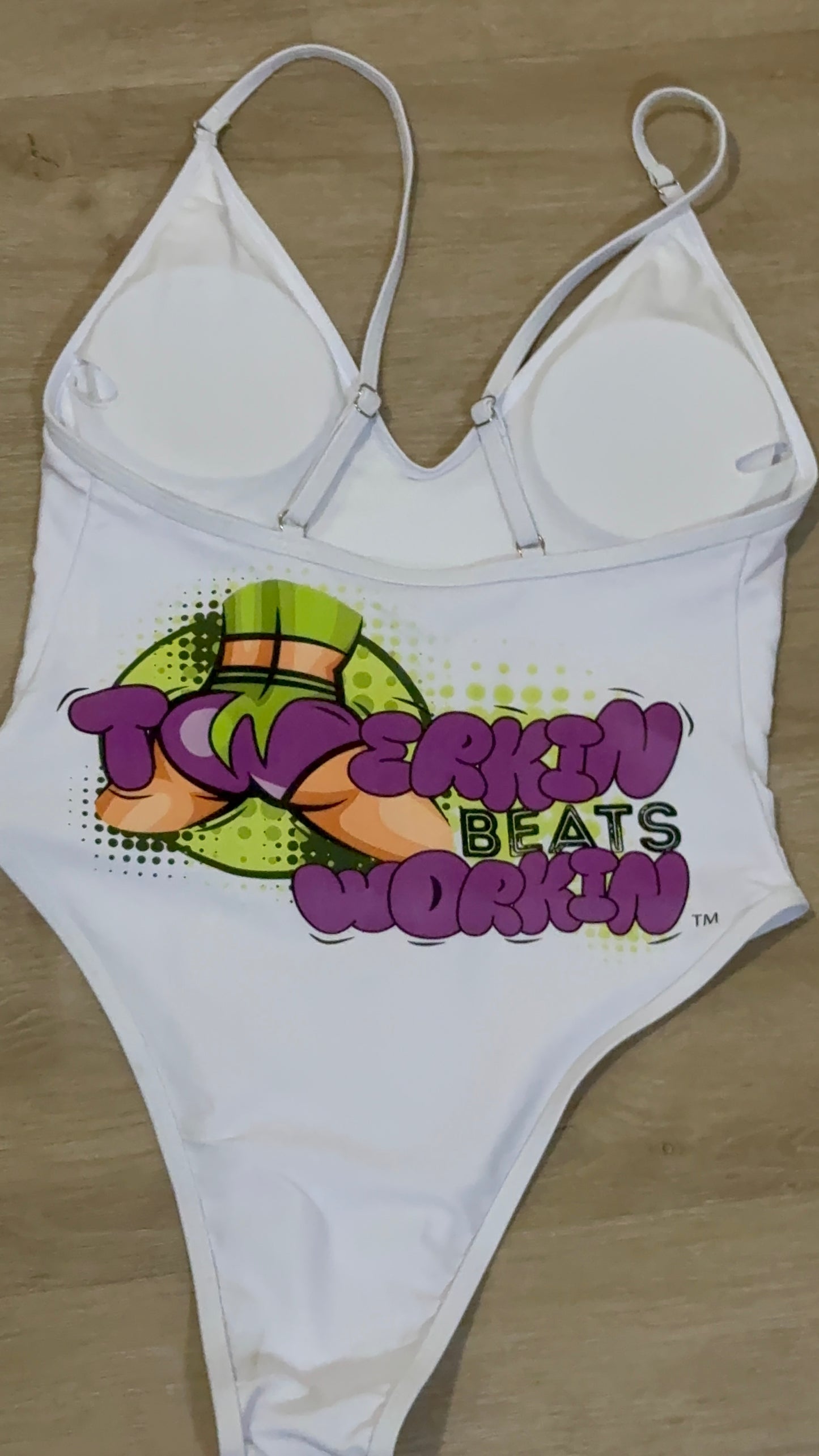 Purple and green booty designed Twerkin’ Beats Workin’ one piece