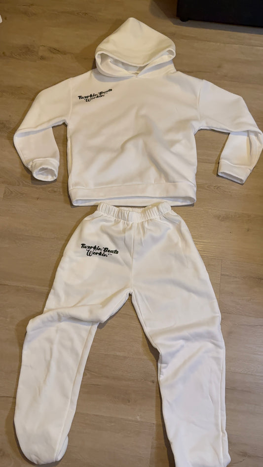 White Unisex back of hoodie Twerkin’ Beats Workin’ peach design Jogger