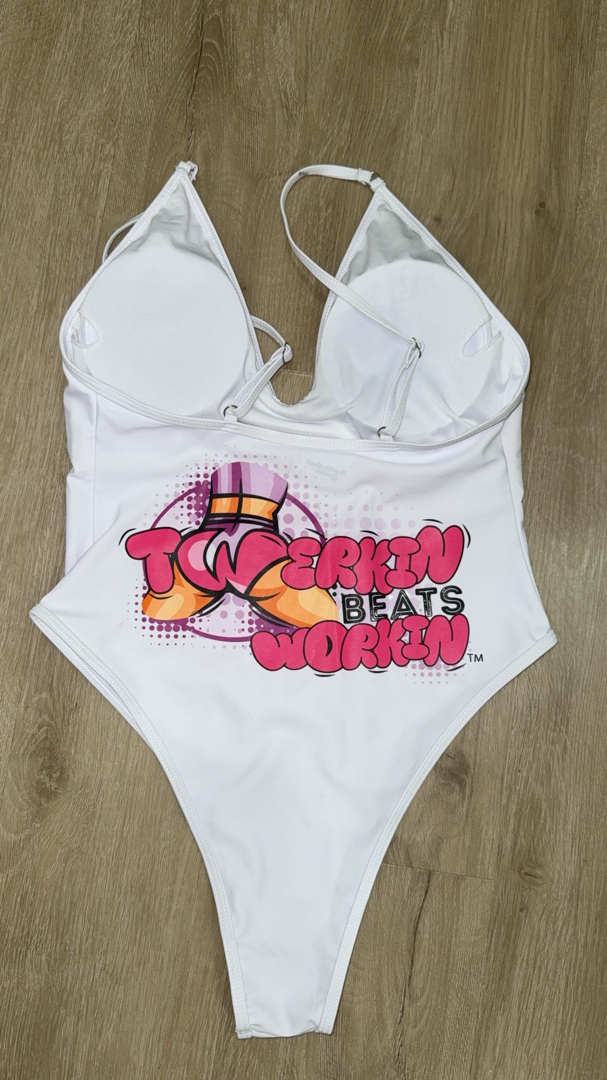 Pink and purple Twerkin’ Beats Workin’ booty designed one piece